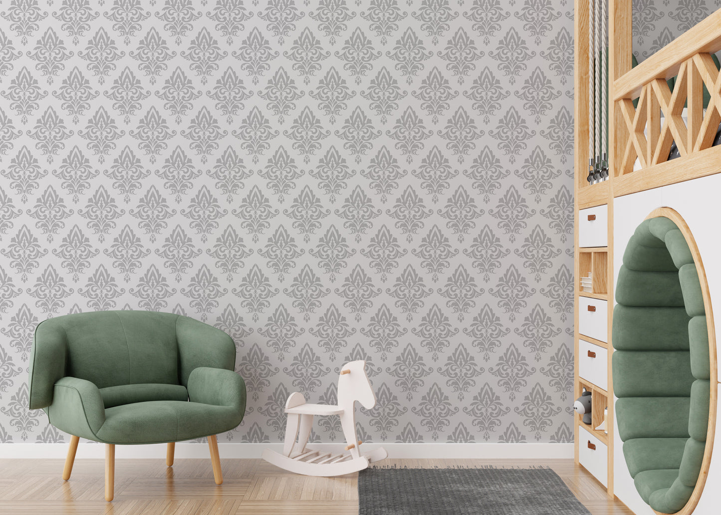 Baroque Style Gray and White Color Damask Wallpaper