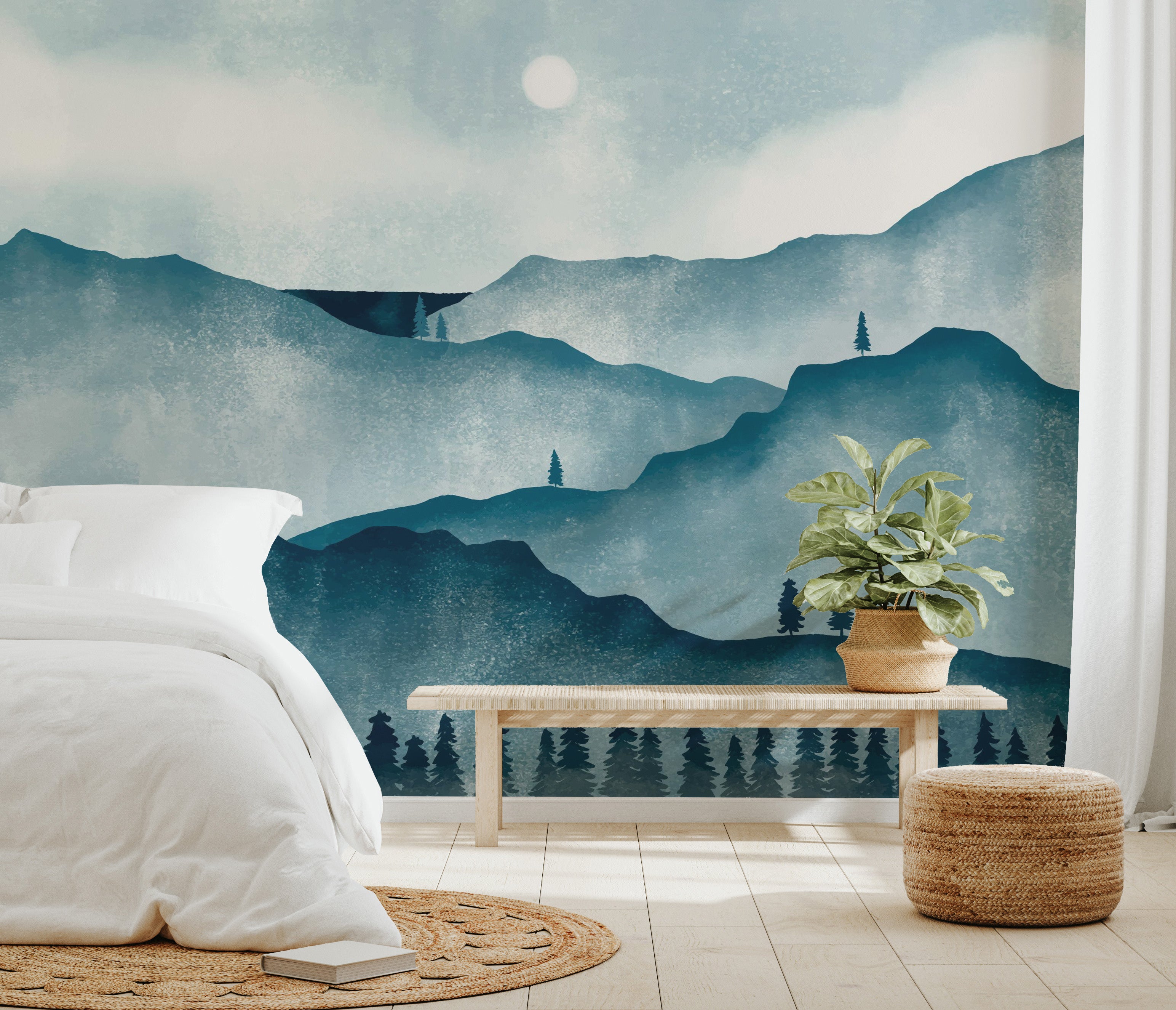 Misty mountains and forest watercolor wallpaper for walls
