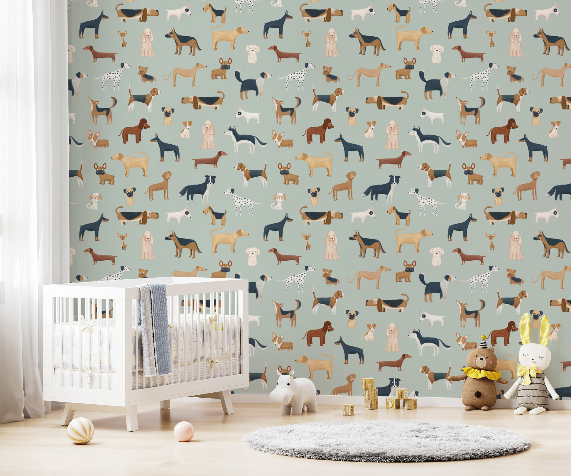 Wallpaper showcasing various dog breeds in mint green style
