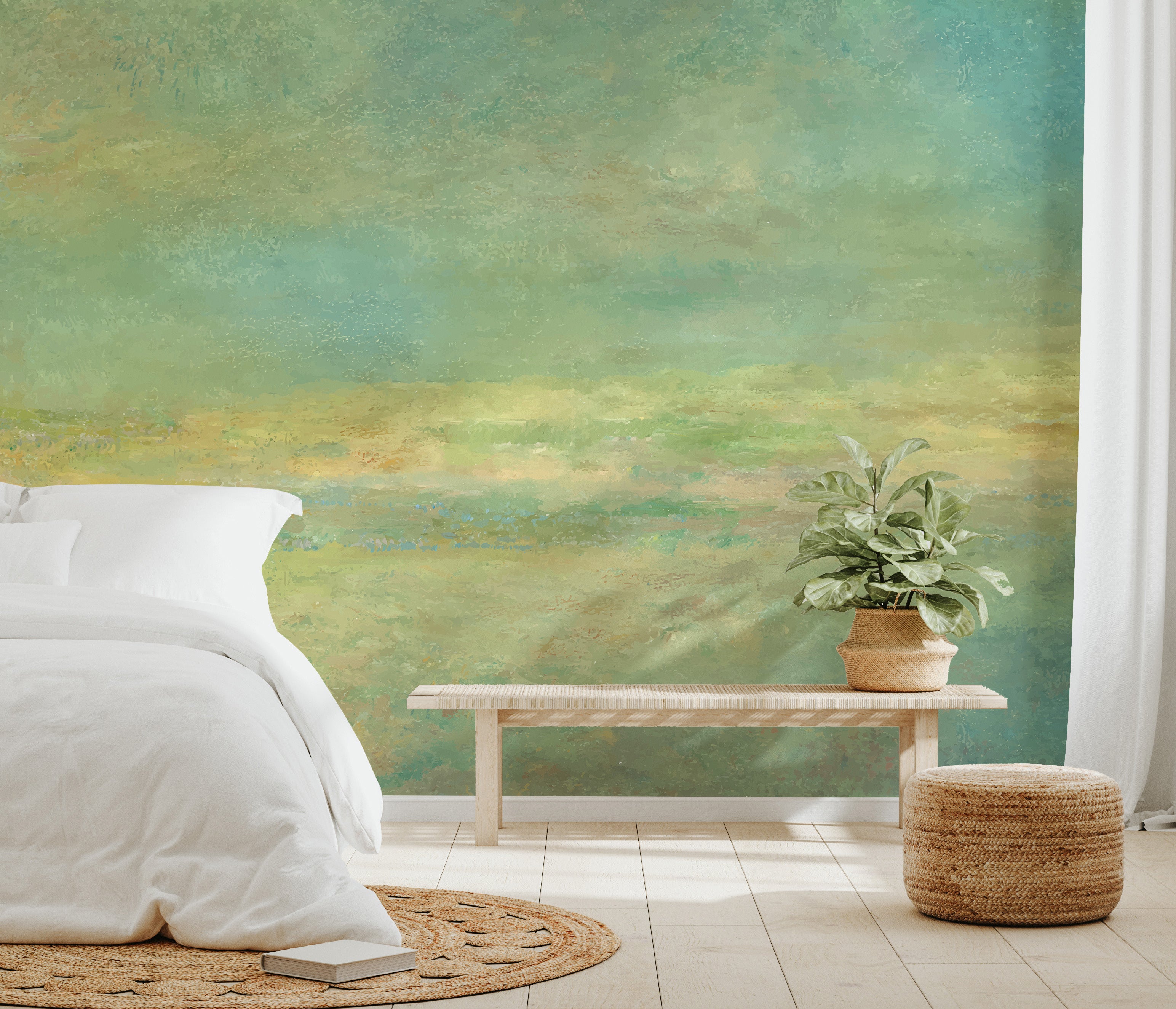 Green and blue abstract scenery mural for a subtle look
