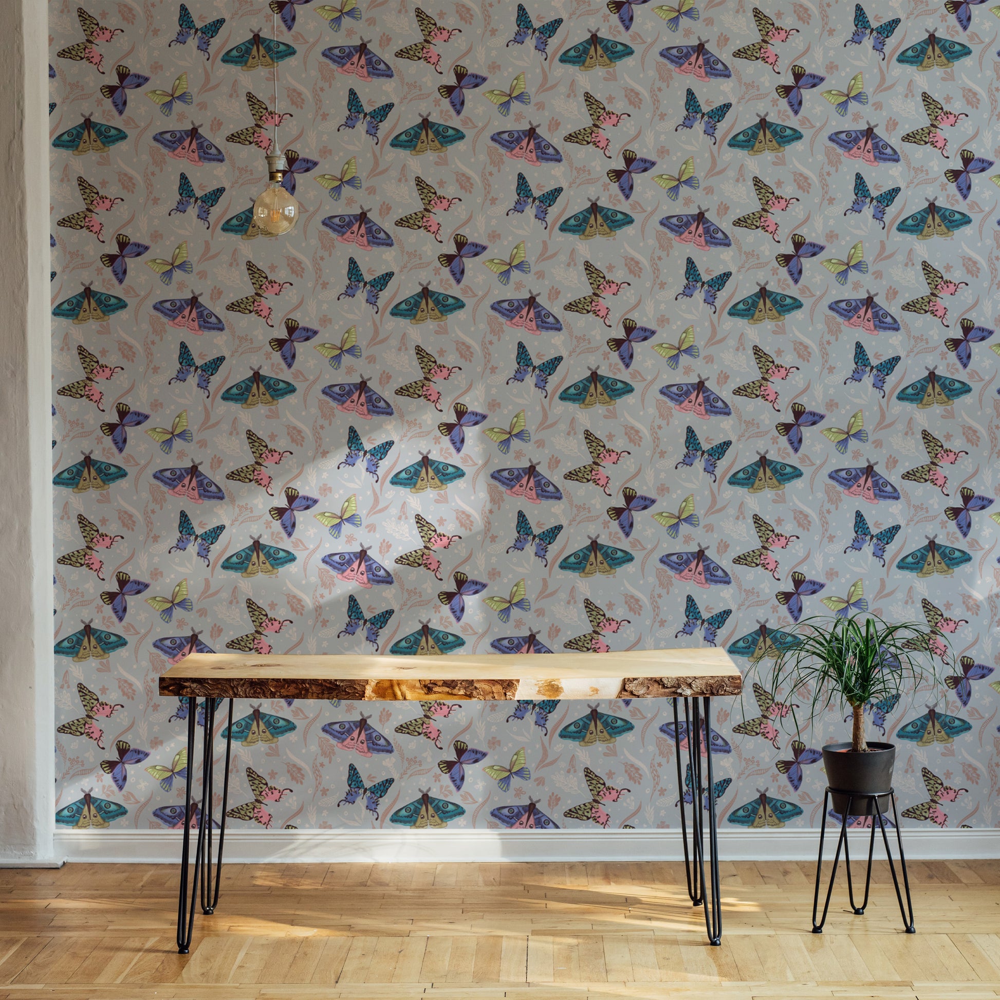 Lively wall mural featuring a colorful butterfly motif
