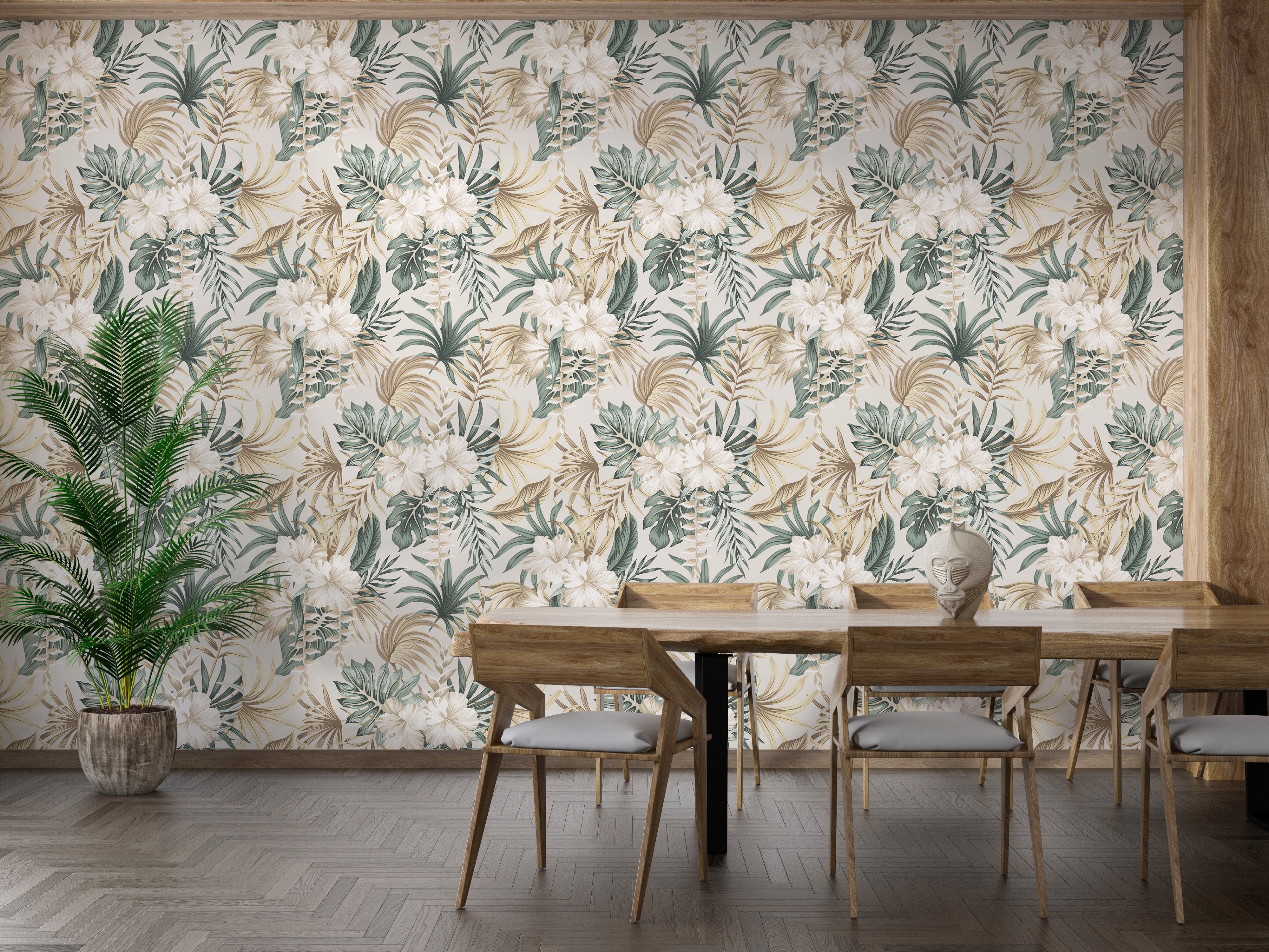 Leafy tropical mural with green foliage
