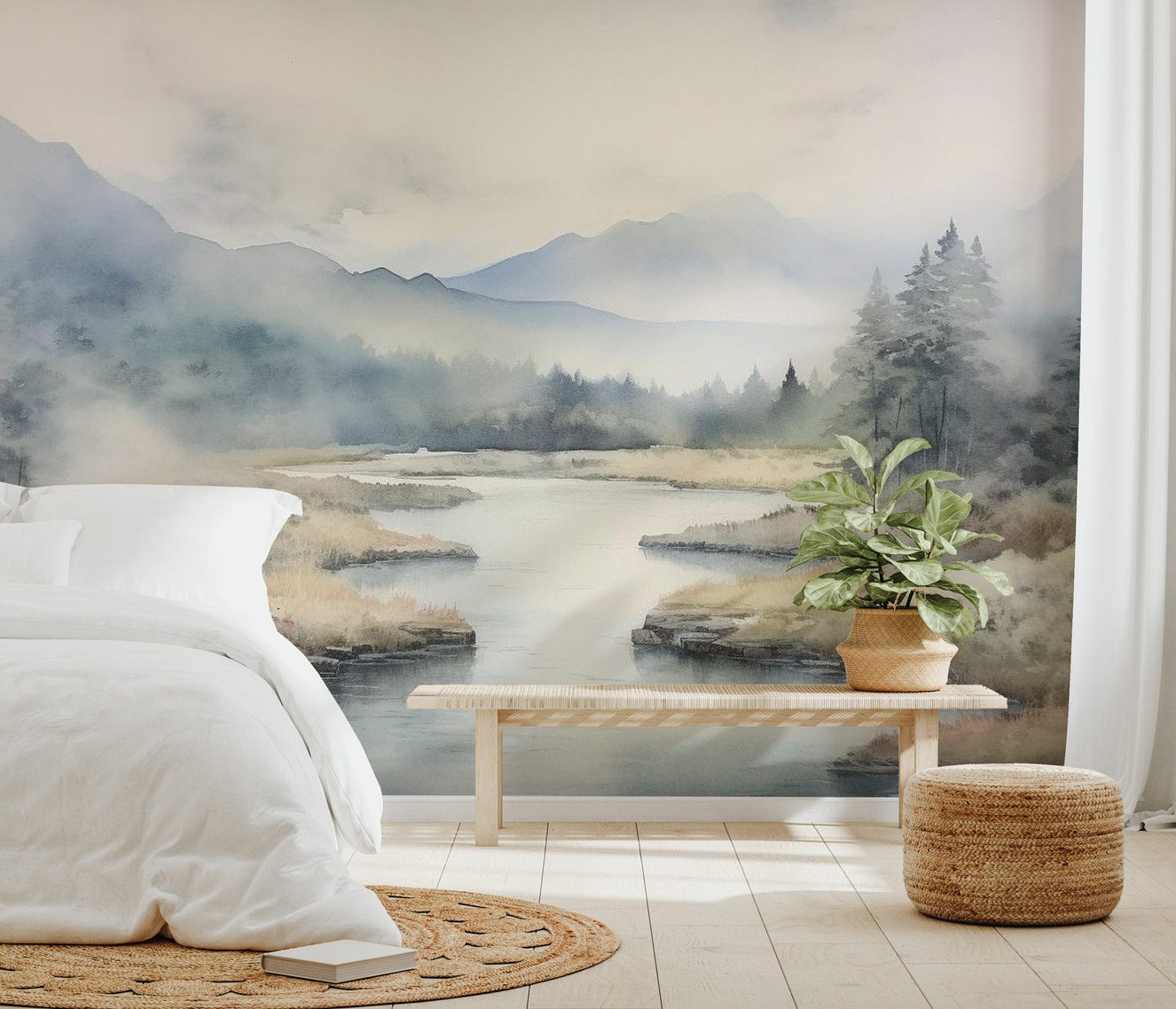 Misty mountain river wallpaper with soft watercolor
