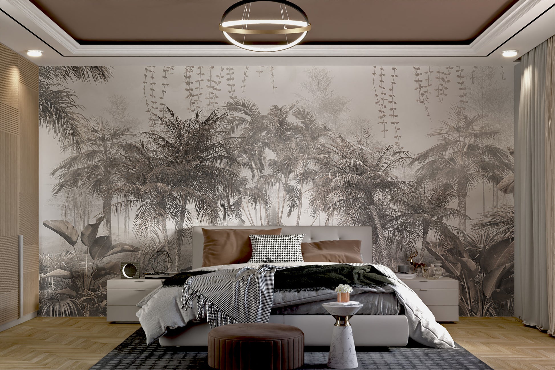 Beige tropical wallpaper for a calming bedroom.