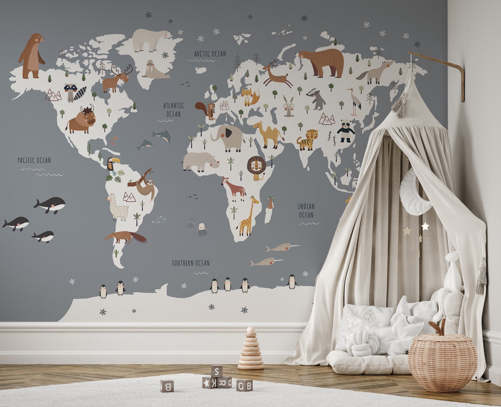 Decorative wall mural with a world map for children
