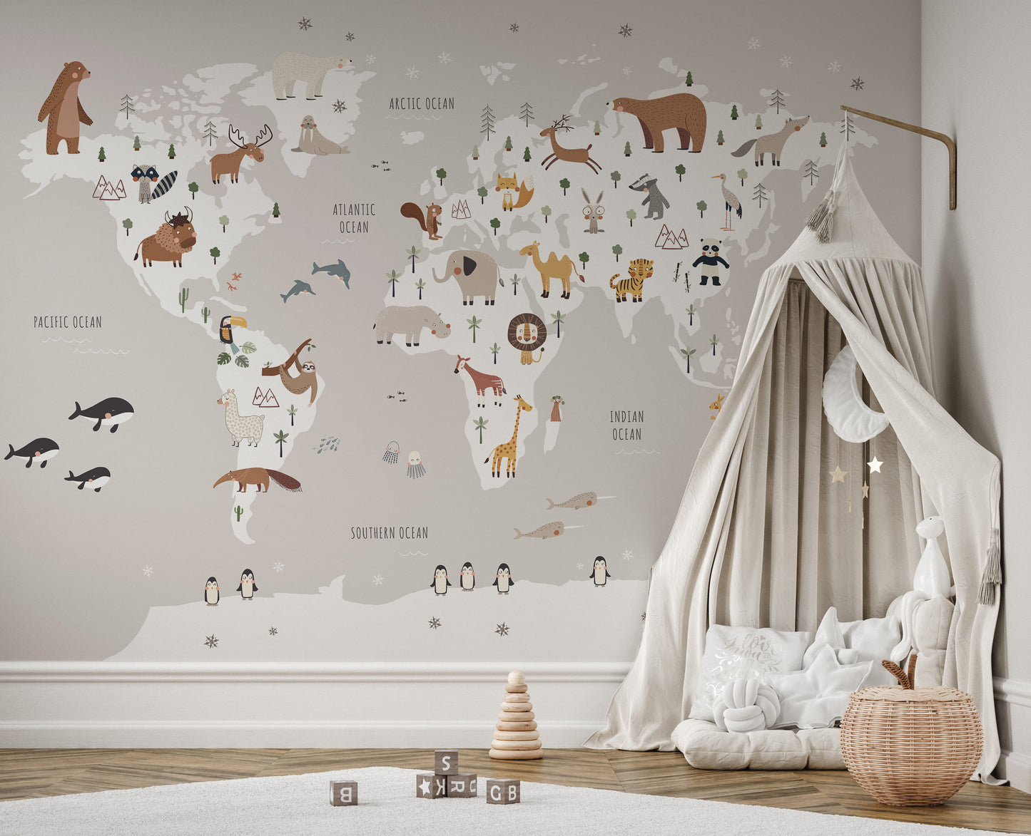 Gray world map mural featuring animals for wall decor
