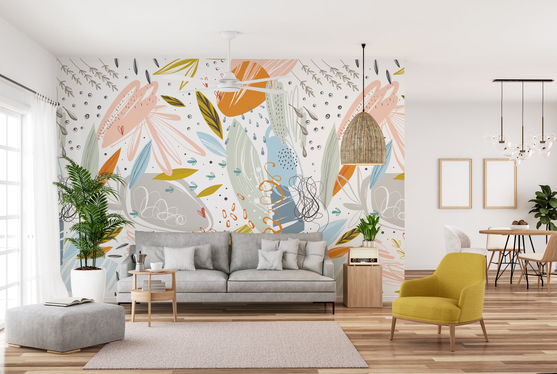 Colorful leaf sketch wallpaper mural art
