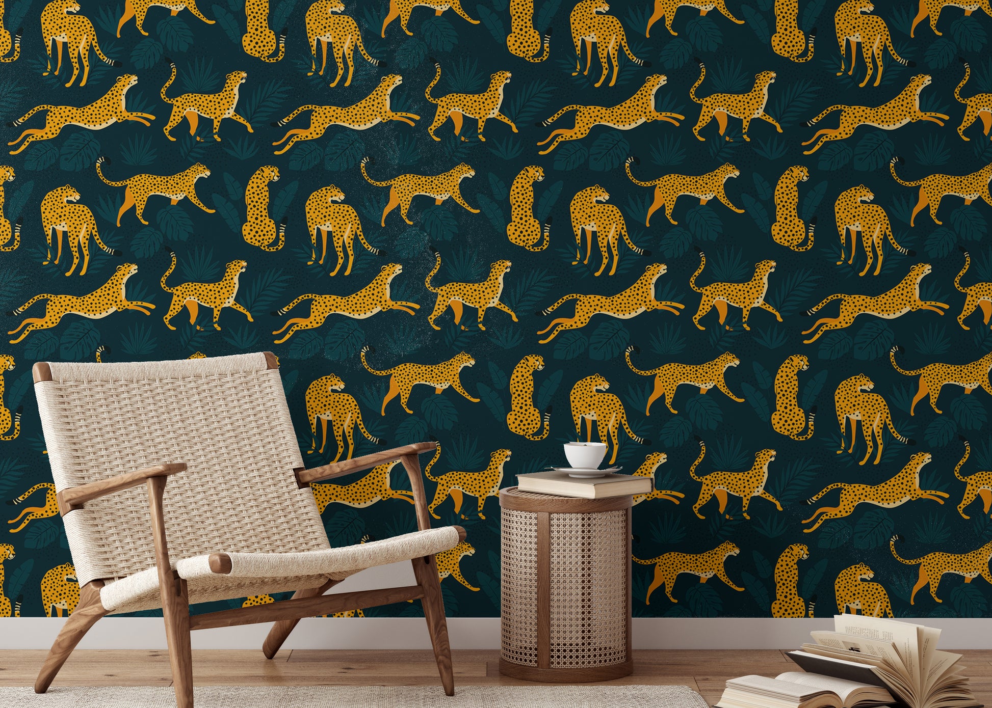 Whimsical wallpaper with tropical leaves and leopards