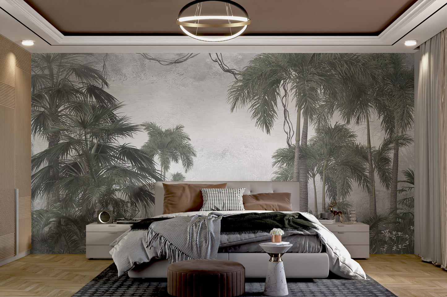 Elegant misty palm tree wallpaper mural in bedroom.