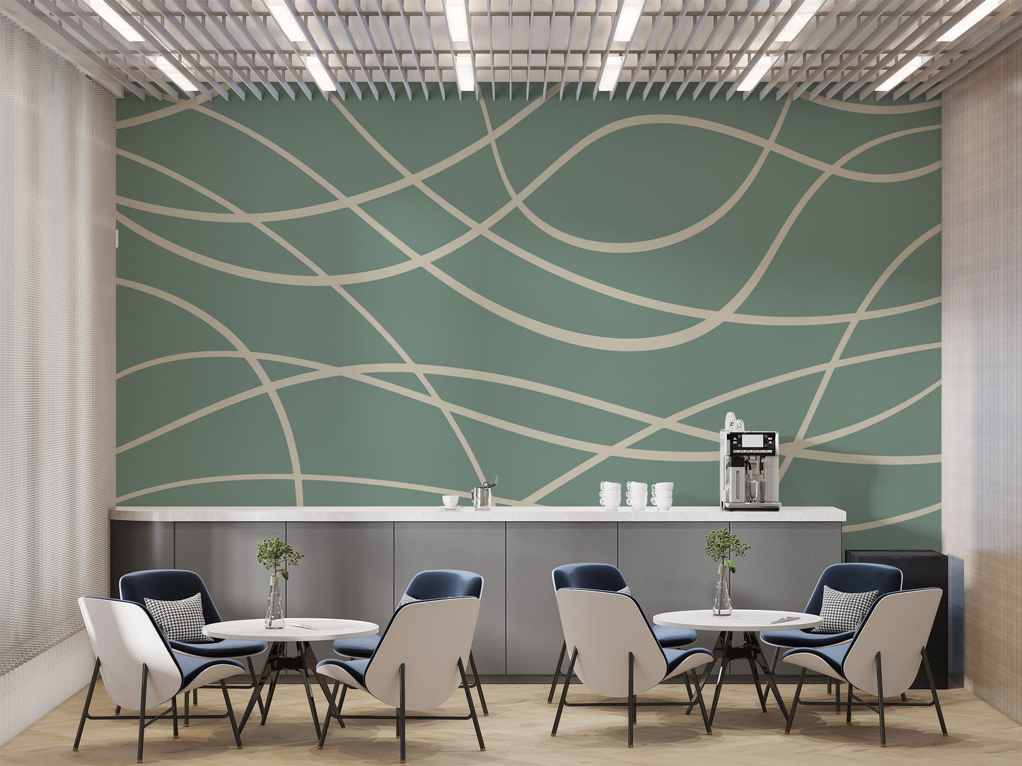 Minimalist green abstract line wall mural for chic rooms
