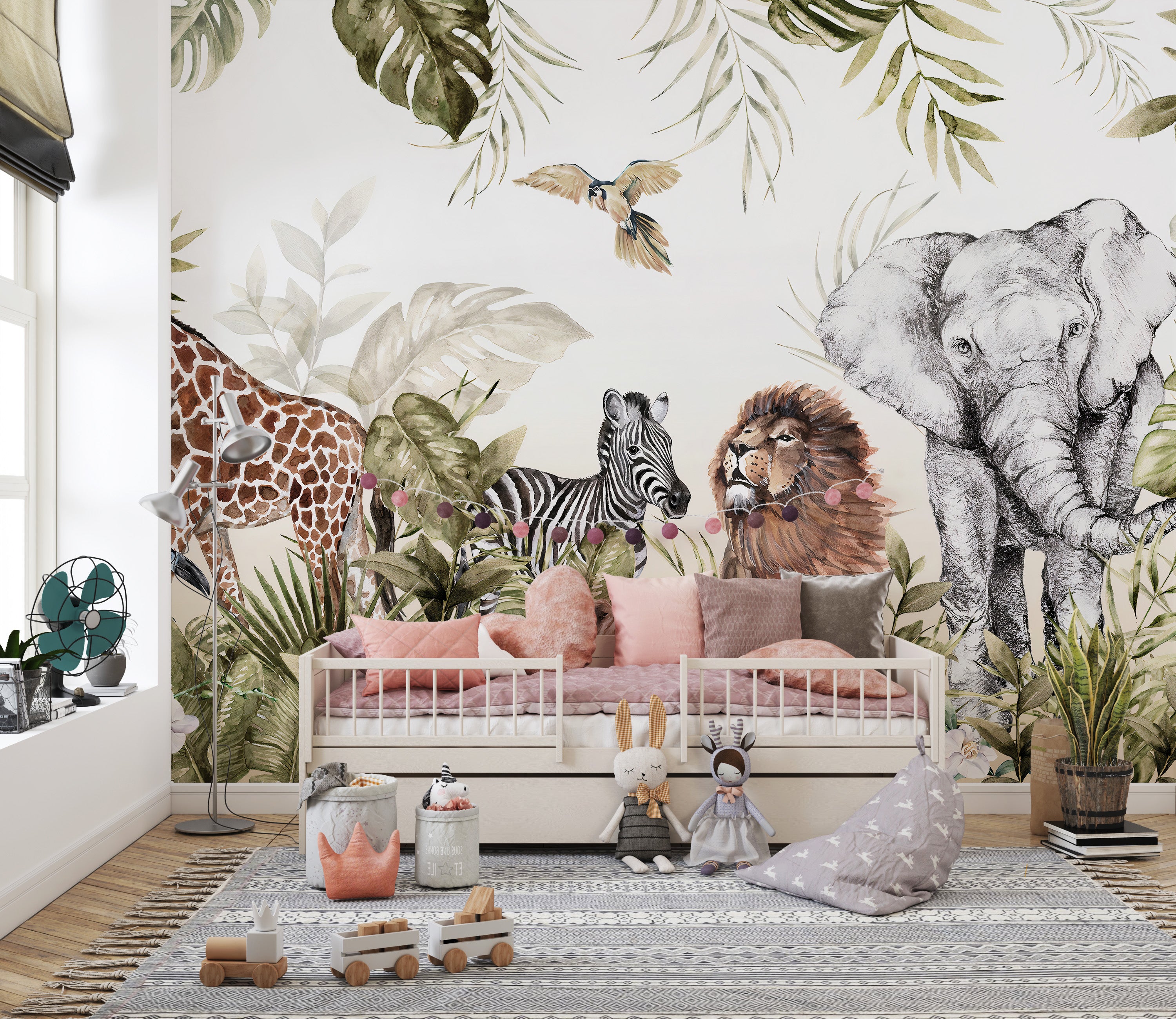 Jungle-themed watercolor mural for kids room
