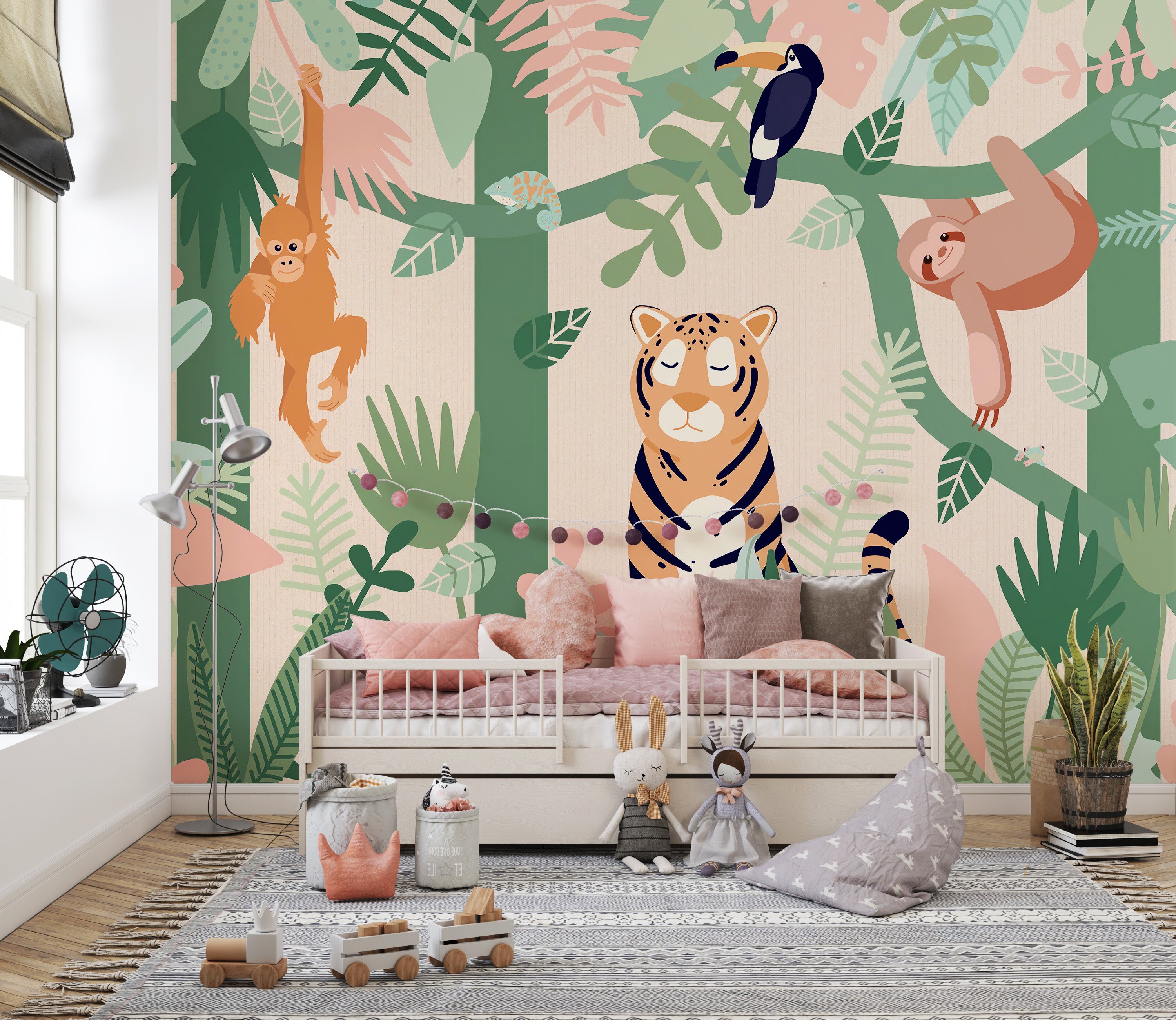 Forest peel and stick mural with cartoon tiger
