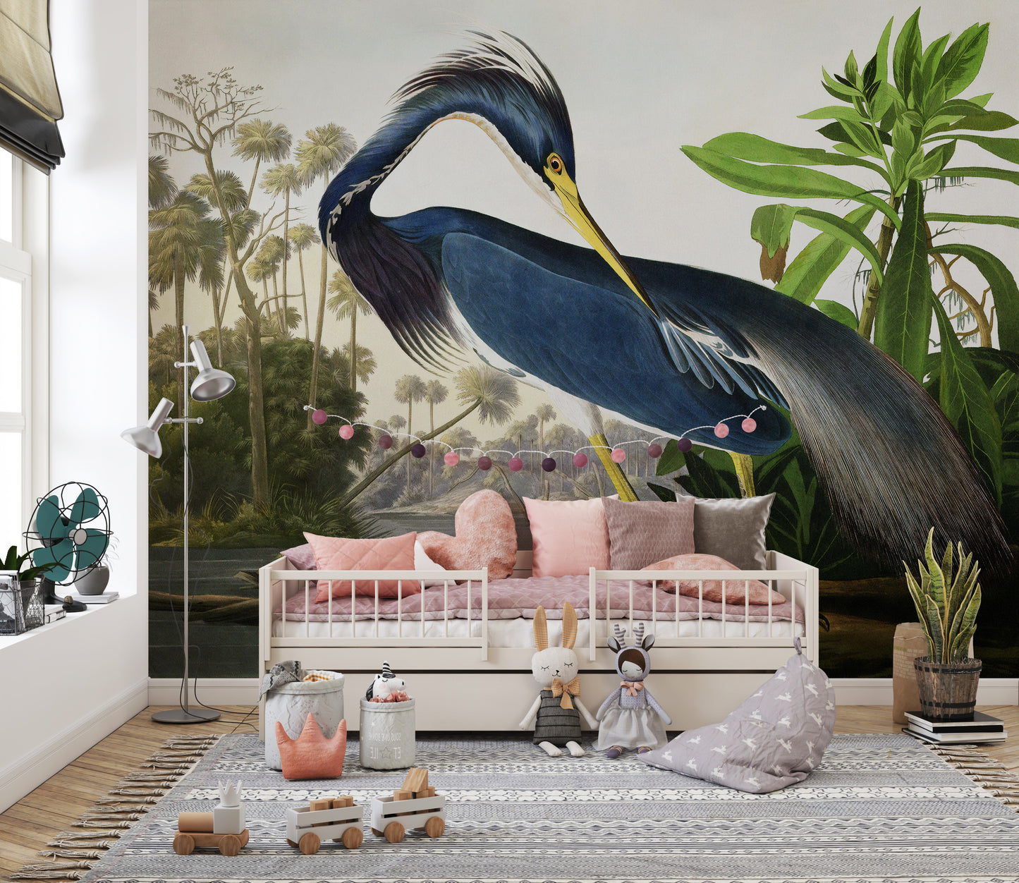 Watercolor heron mural for serene spaces
