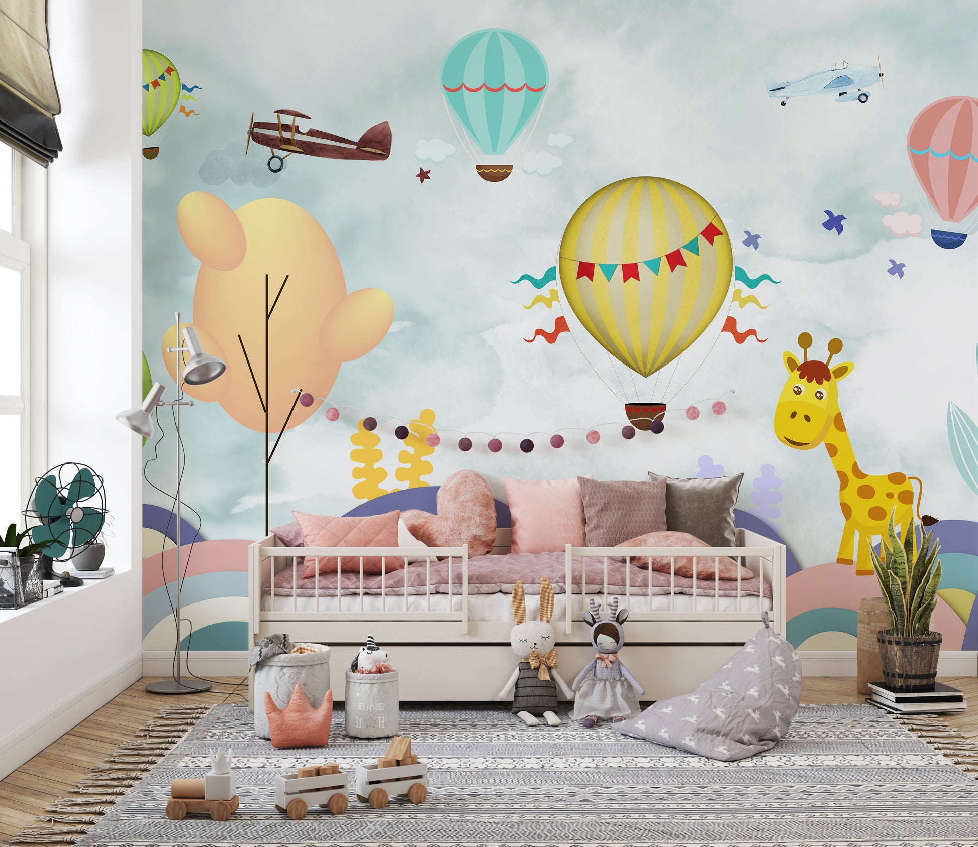 Balloon and airplane cartoon wallpaper decor.
