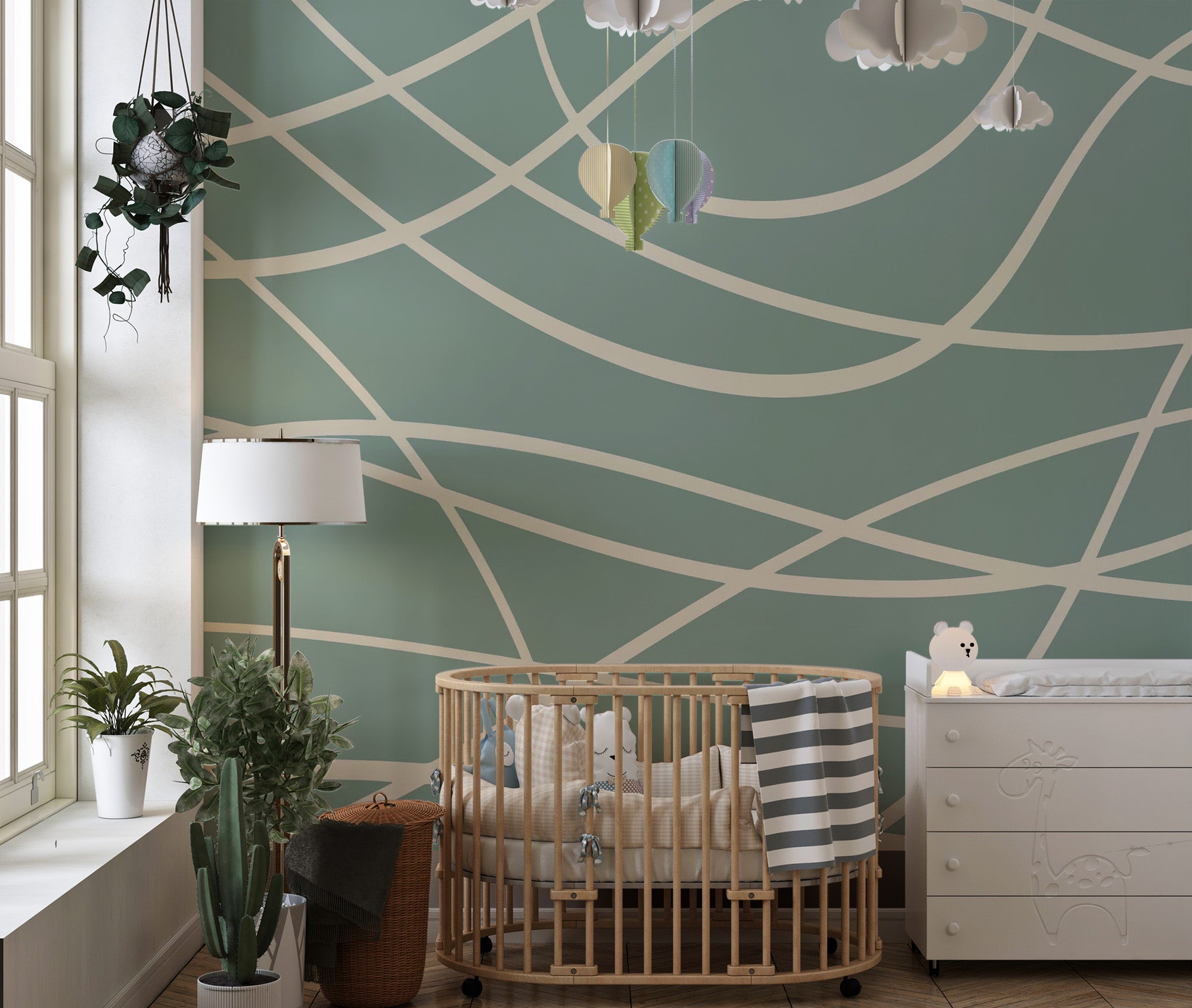 Stylish green abstract line mural for artistic interiors
