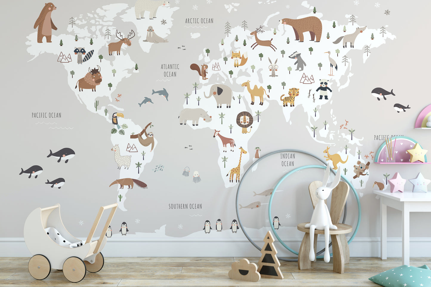 Animal world map design in subtle gray tones for walls
