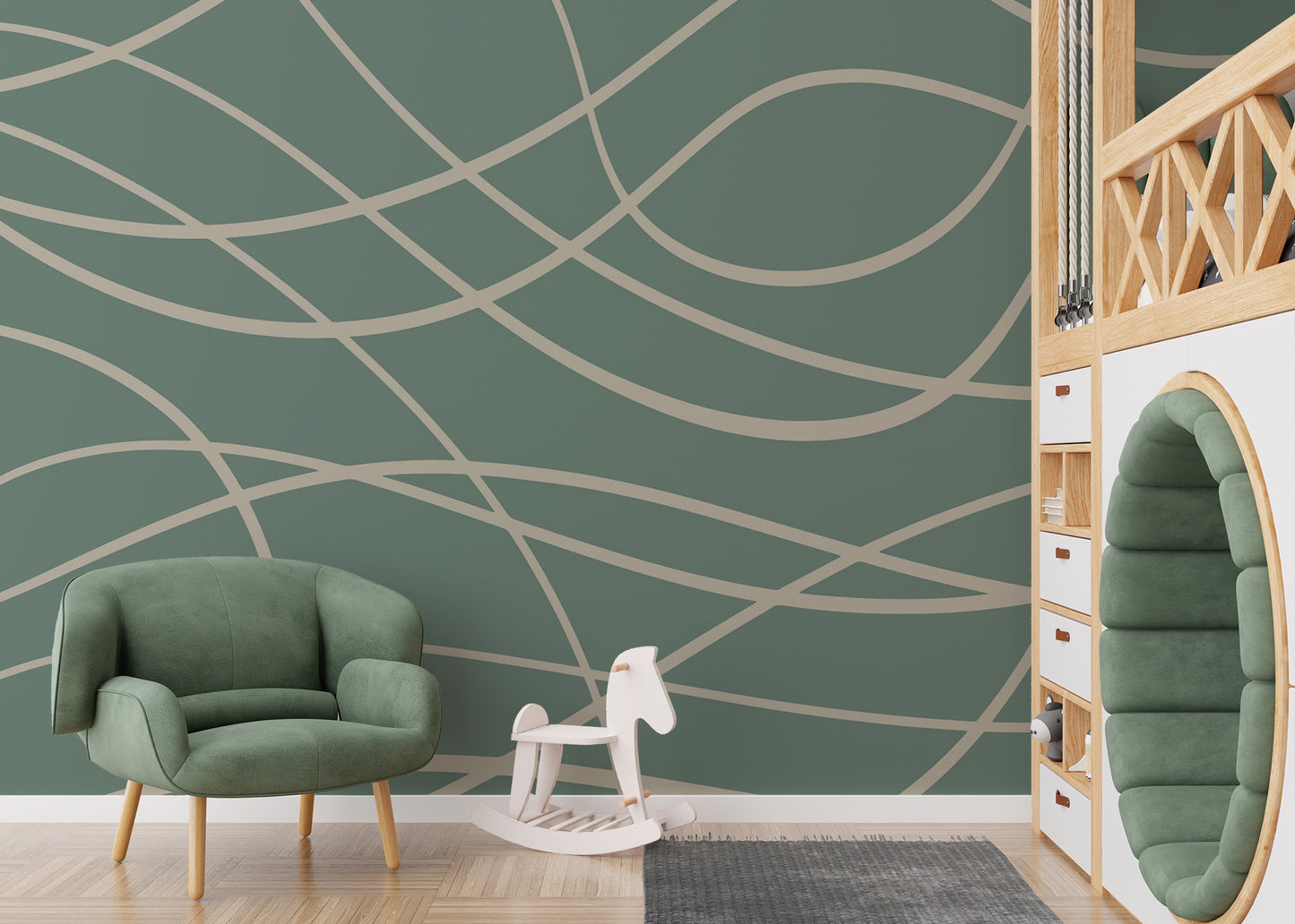 Sophisticated green line mural for contemporary spaces
