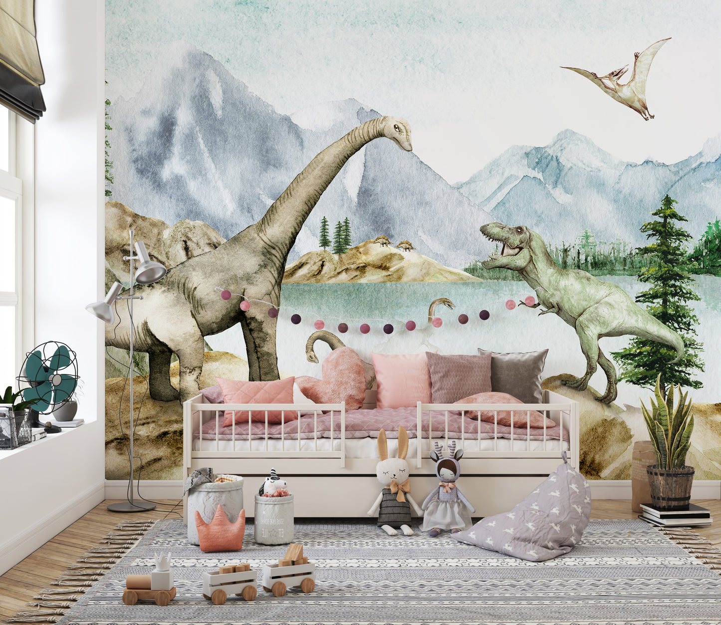 Jurassic lake mural showcasing dinosaurs in nature.
