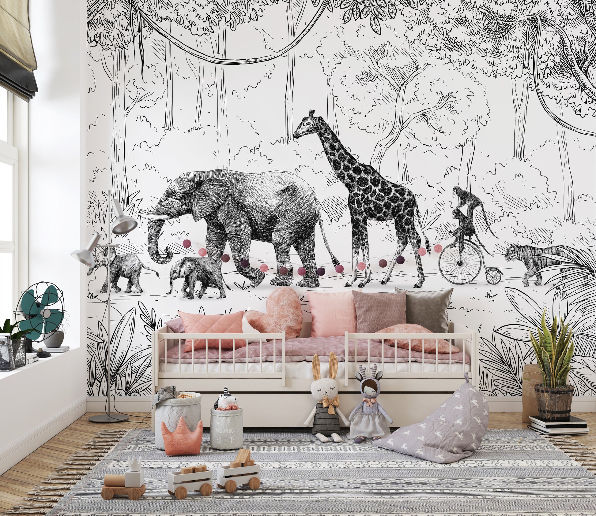 Animal Parade wall mural for elegant monochrome decor.
