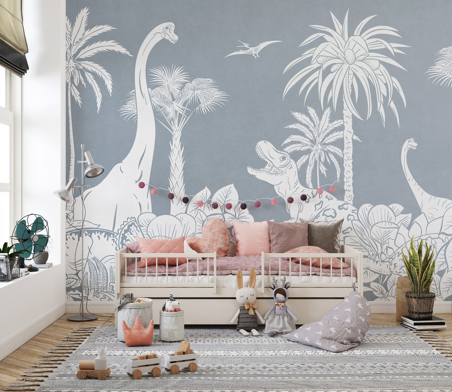 Monochrome Dino Blue mural adds playful charm to walls.
