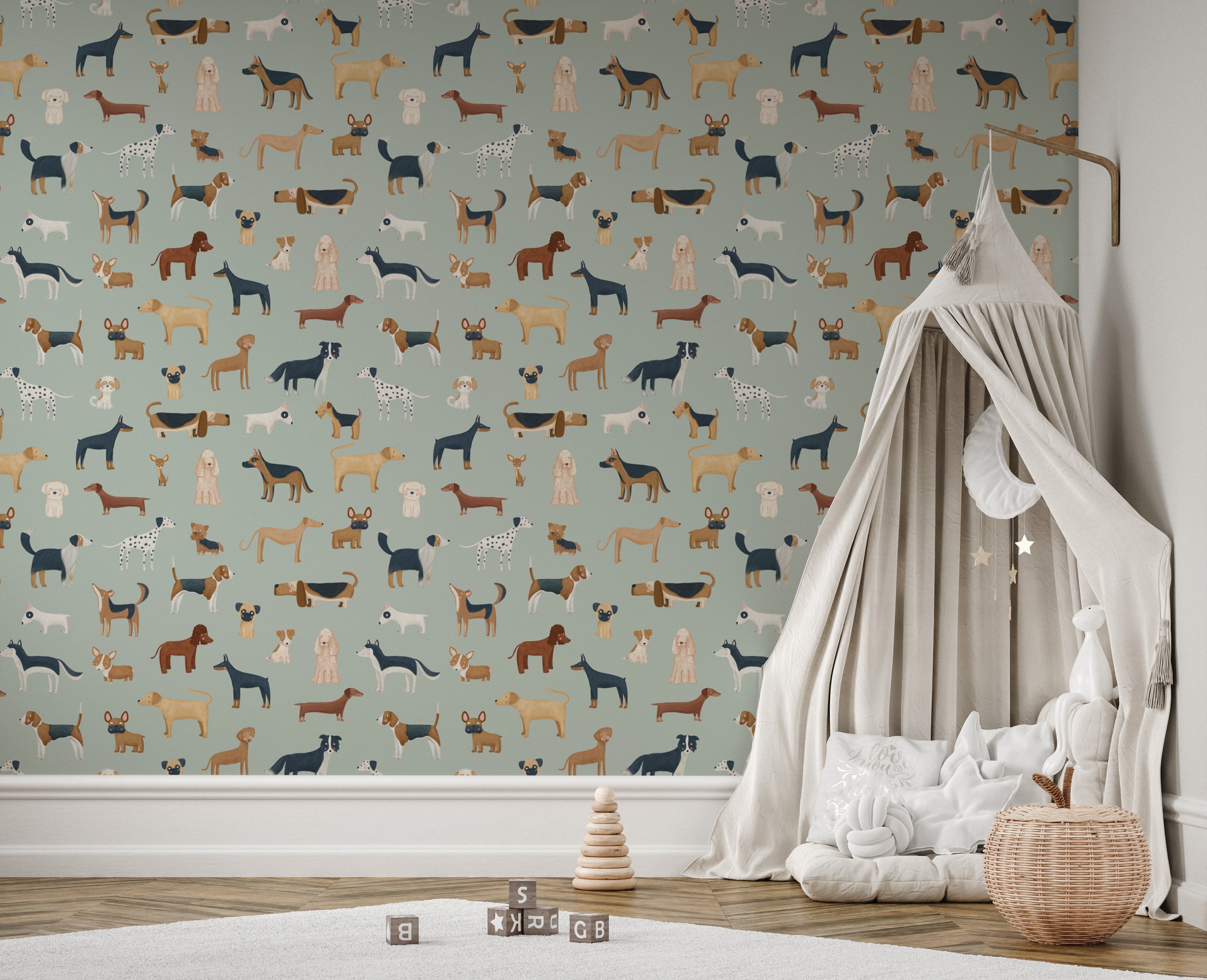 Playful dog breed pattern wallpaper in mint green hues
