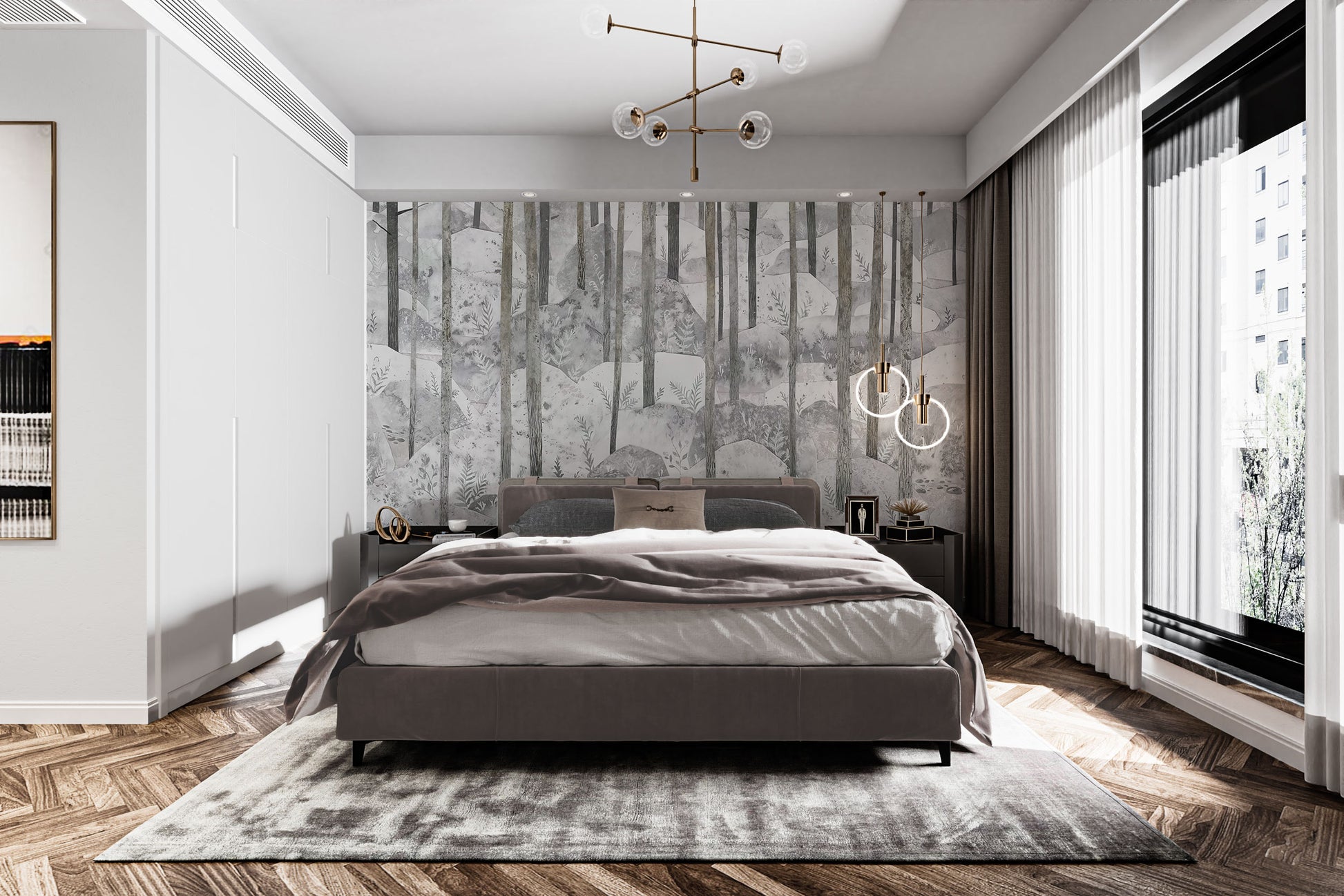 Nature-themed grey forest wallpaper for elegant interiors