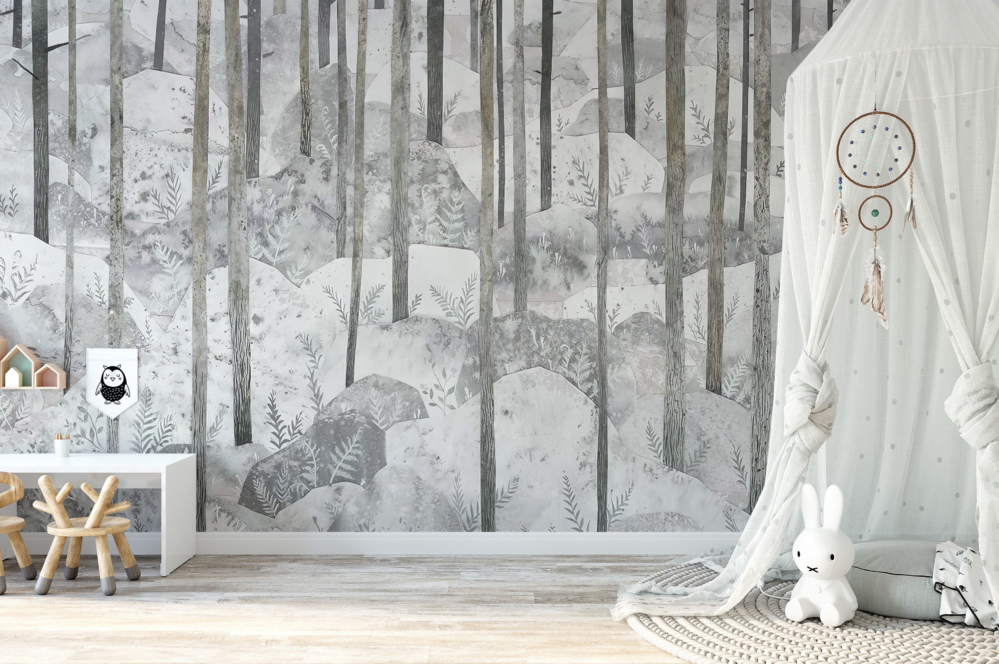 Grey woodland peel-off wallpaper for peaceful wall accents