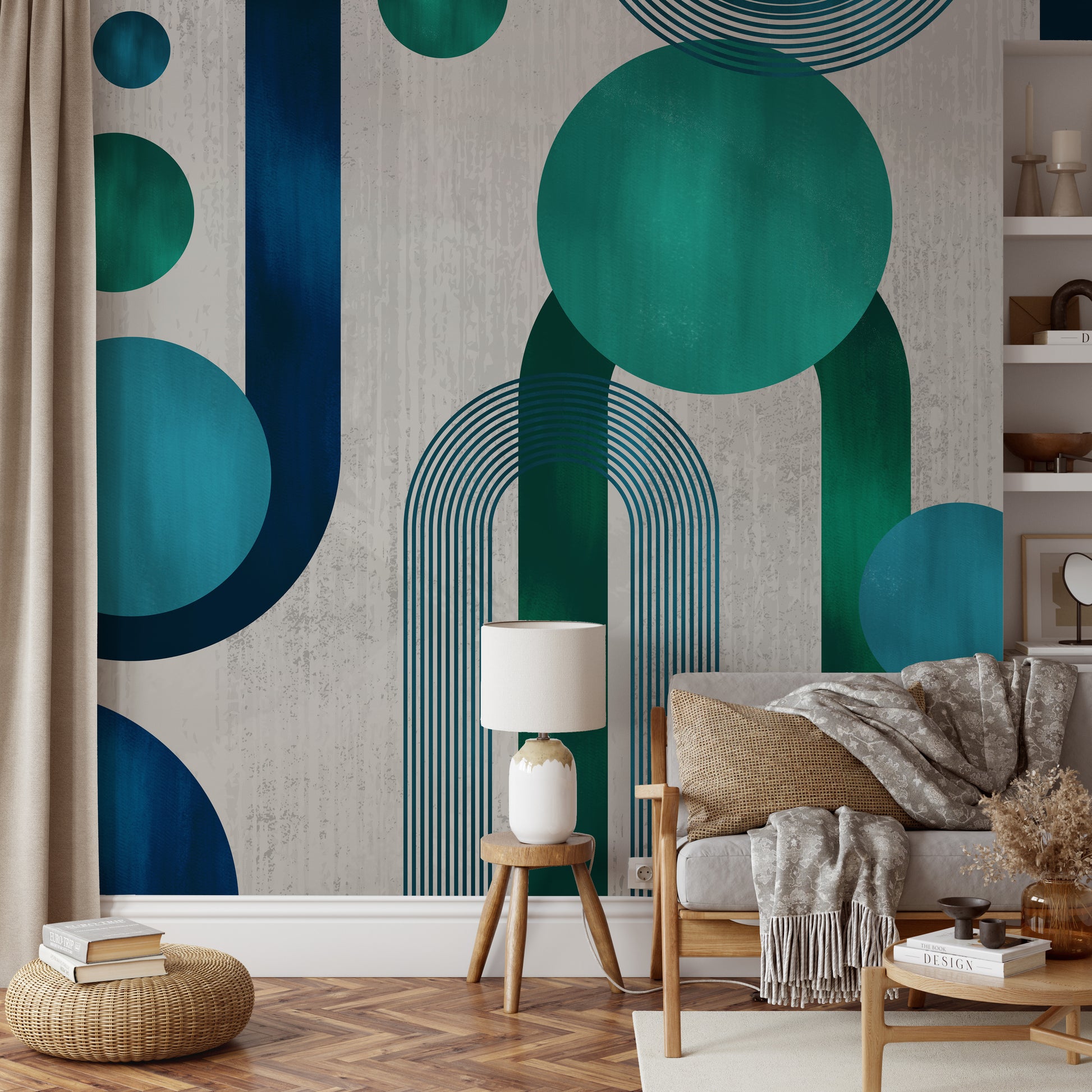 Modern abstract wall mural with teal accents
