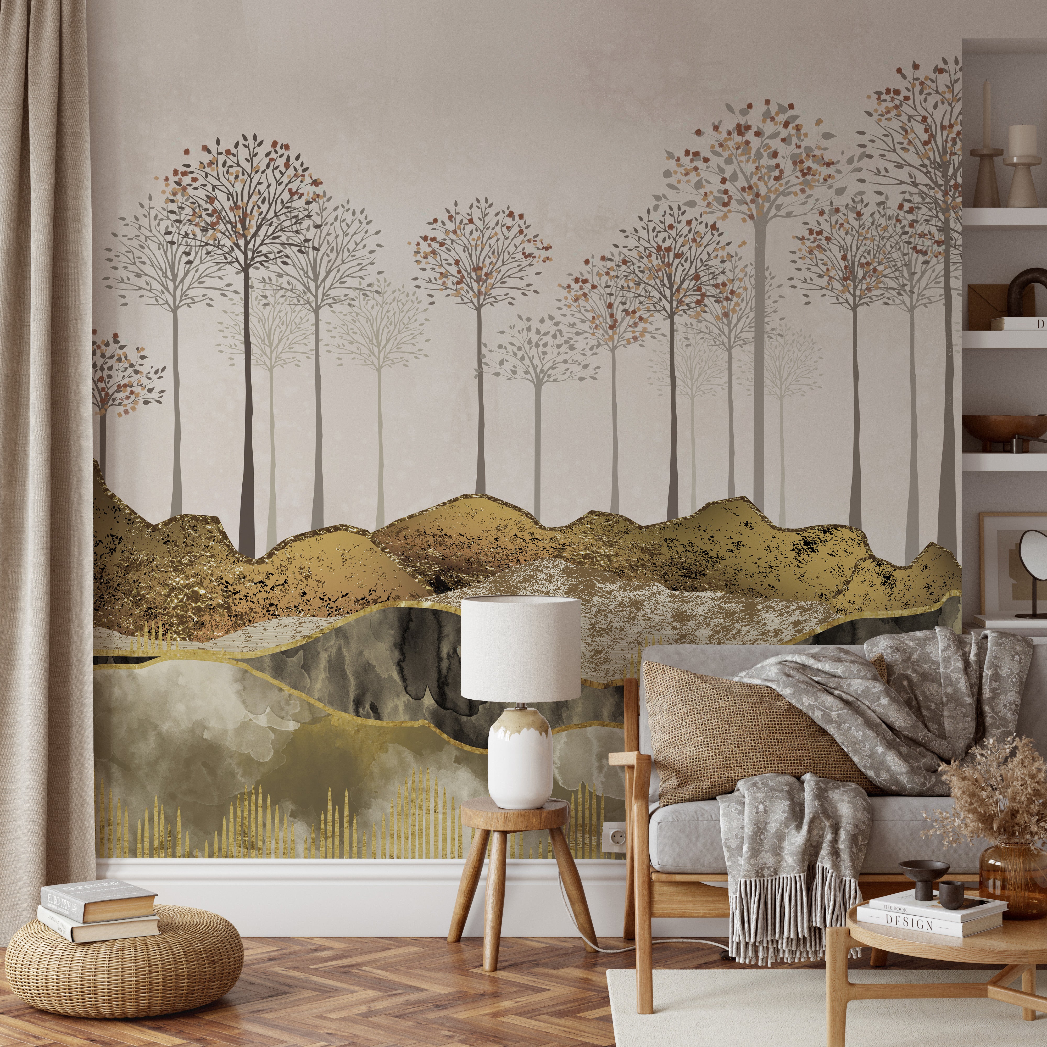 Abstract forest mural wallpaper with gold accents
