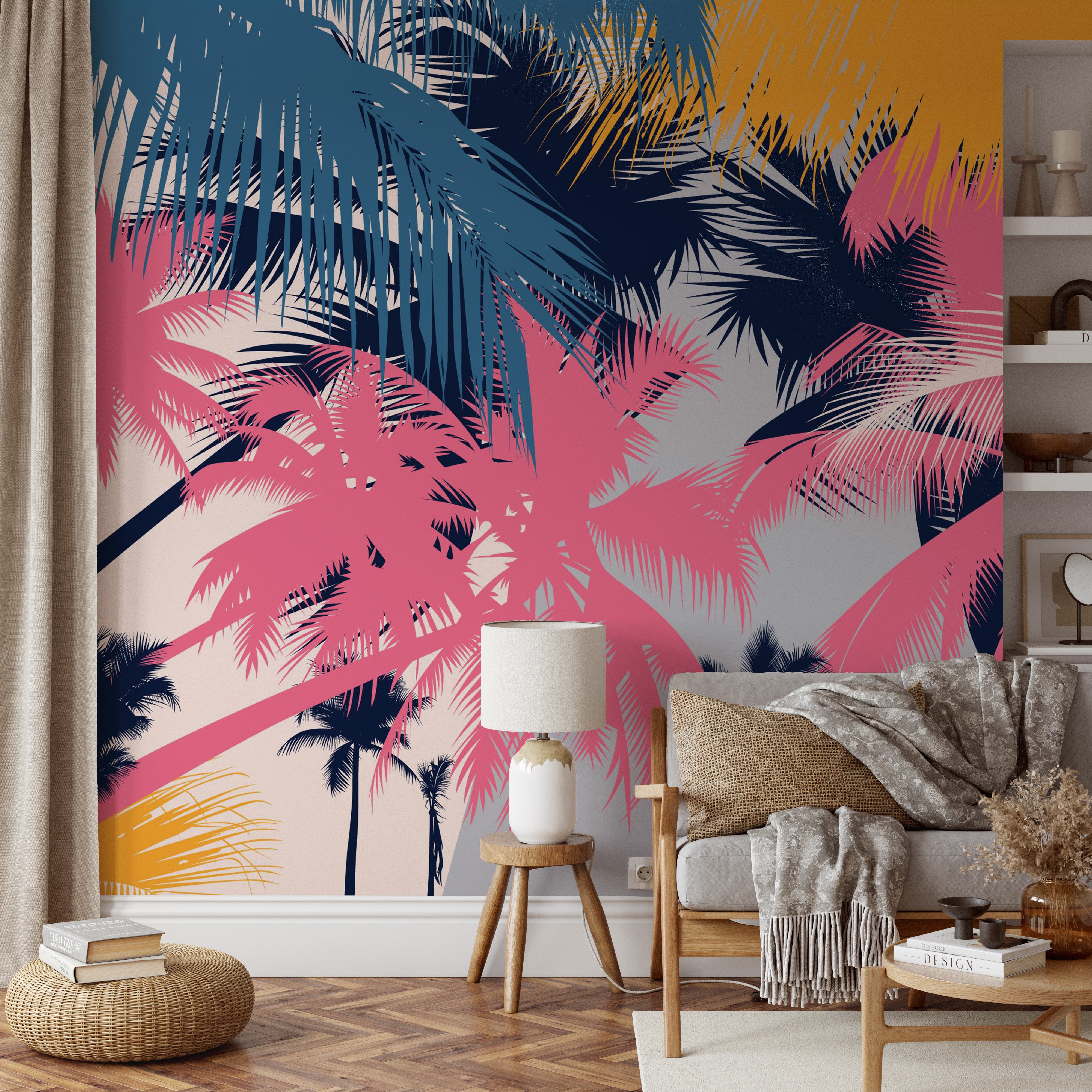 Exotic beach-themed wall mural with bright colors
