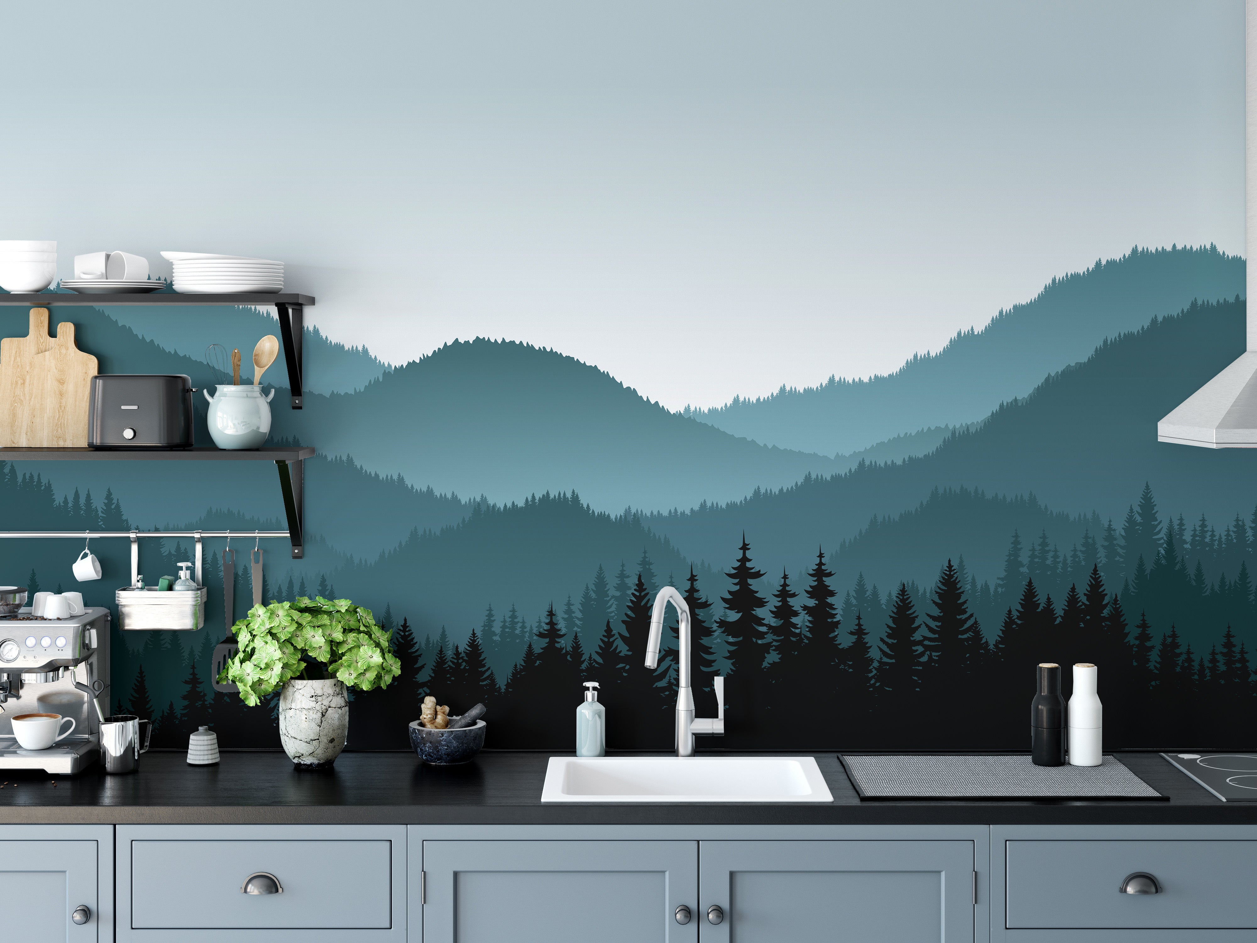 Mountain shadows in calming mural design
