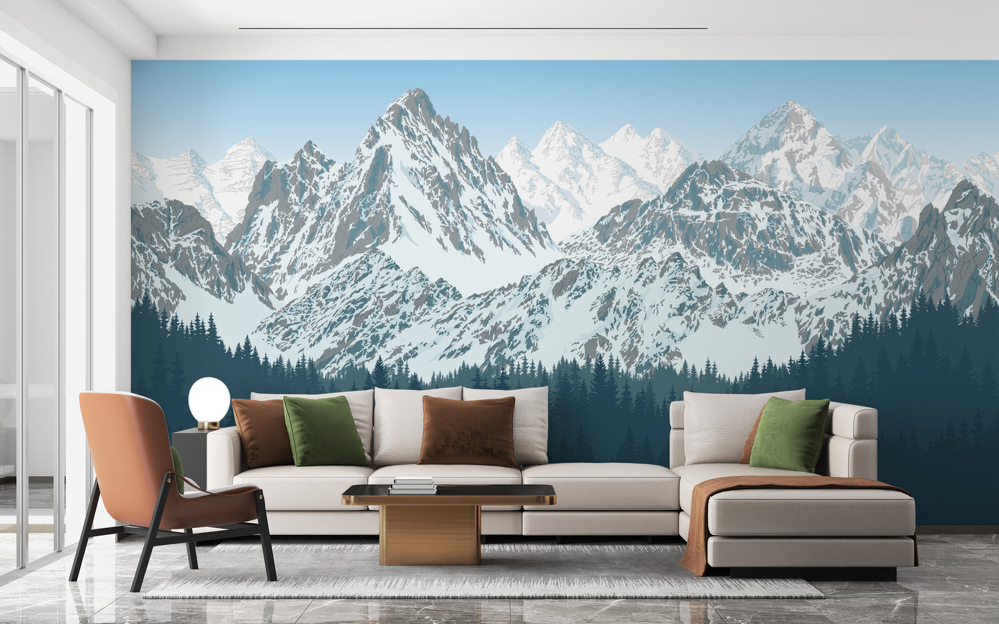 Snowy mountains mural with tropical trees
