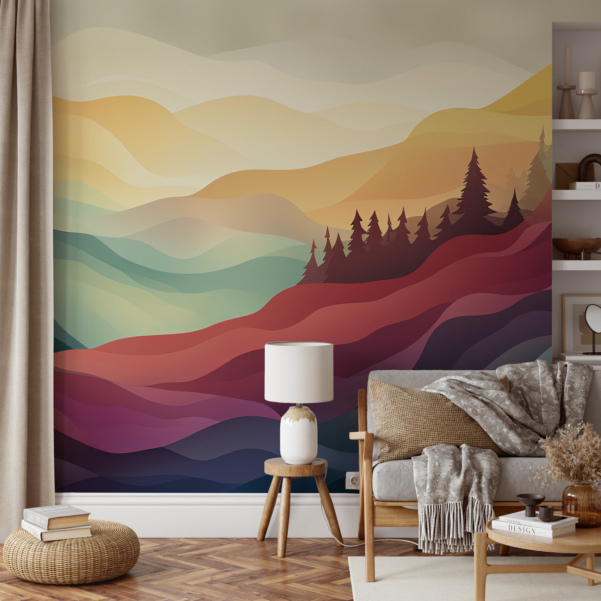 Geometric mountain scenery mural with bold layers
