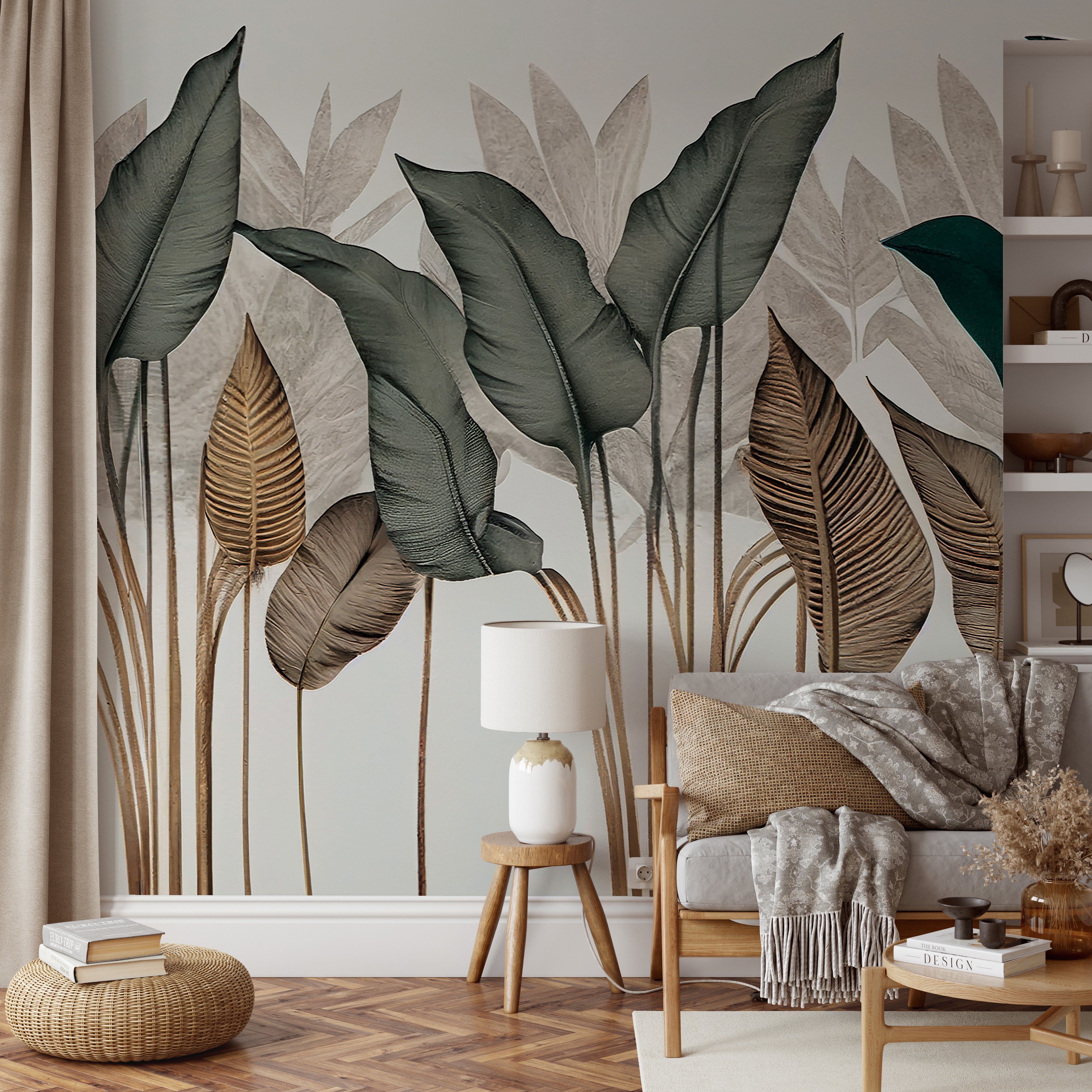 Elegant botanical wallpaper with tropical foliage
