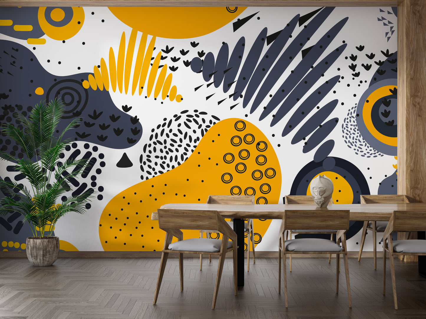 Abstract yellow and gray art mural
