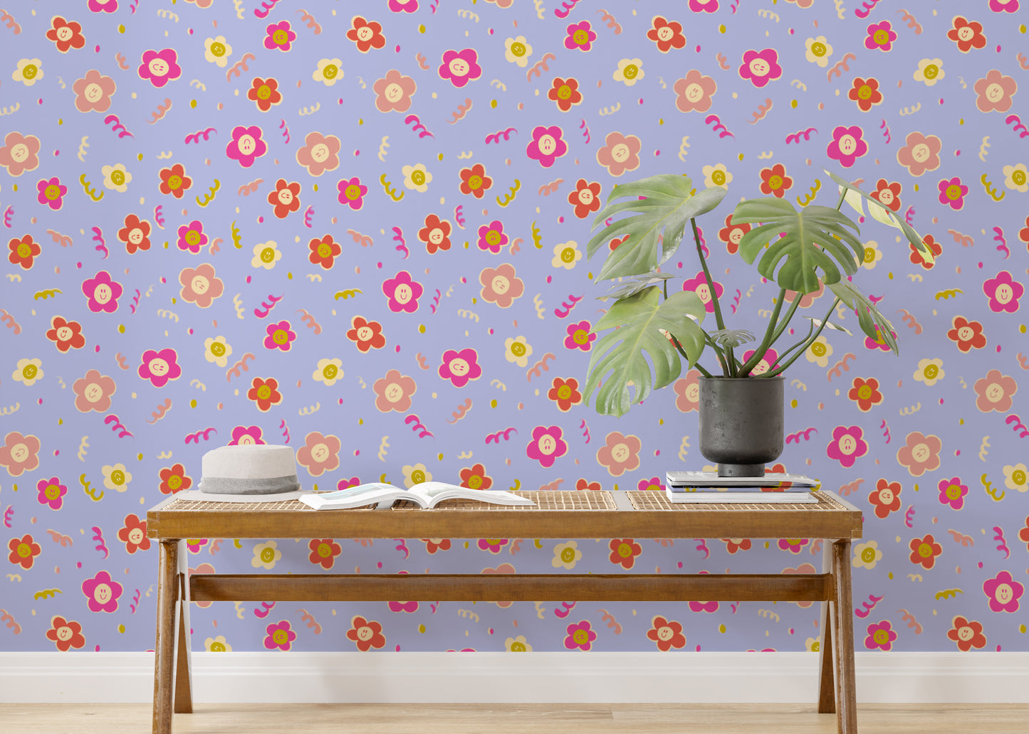 Whimsical wall decor with charming smiley blooms pattern
