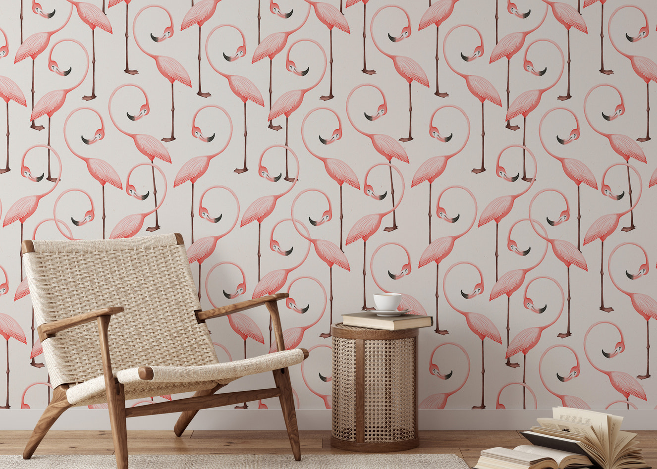 Elegant wallpaper with pink flamingos in a repeat design