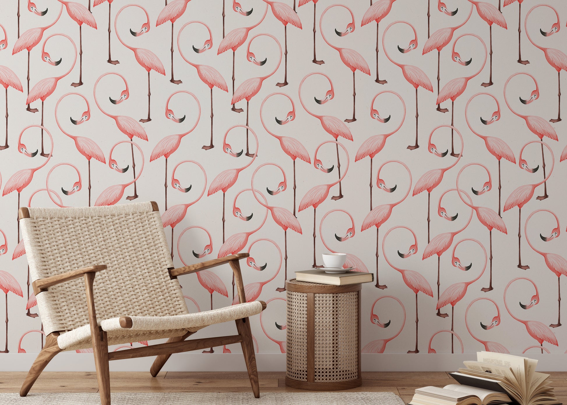 Elegant wallpaper with pink flamingos in a repeat design