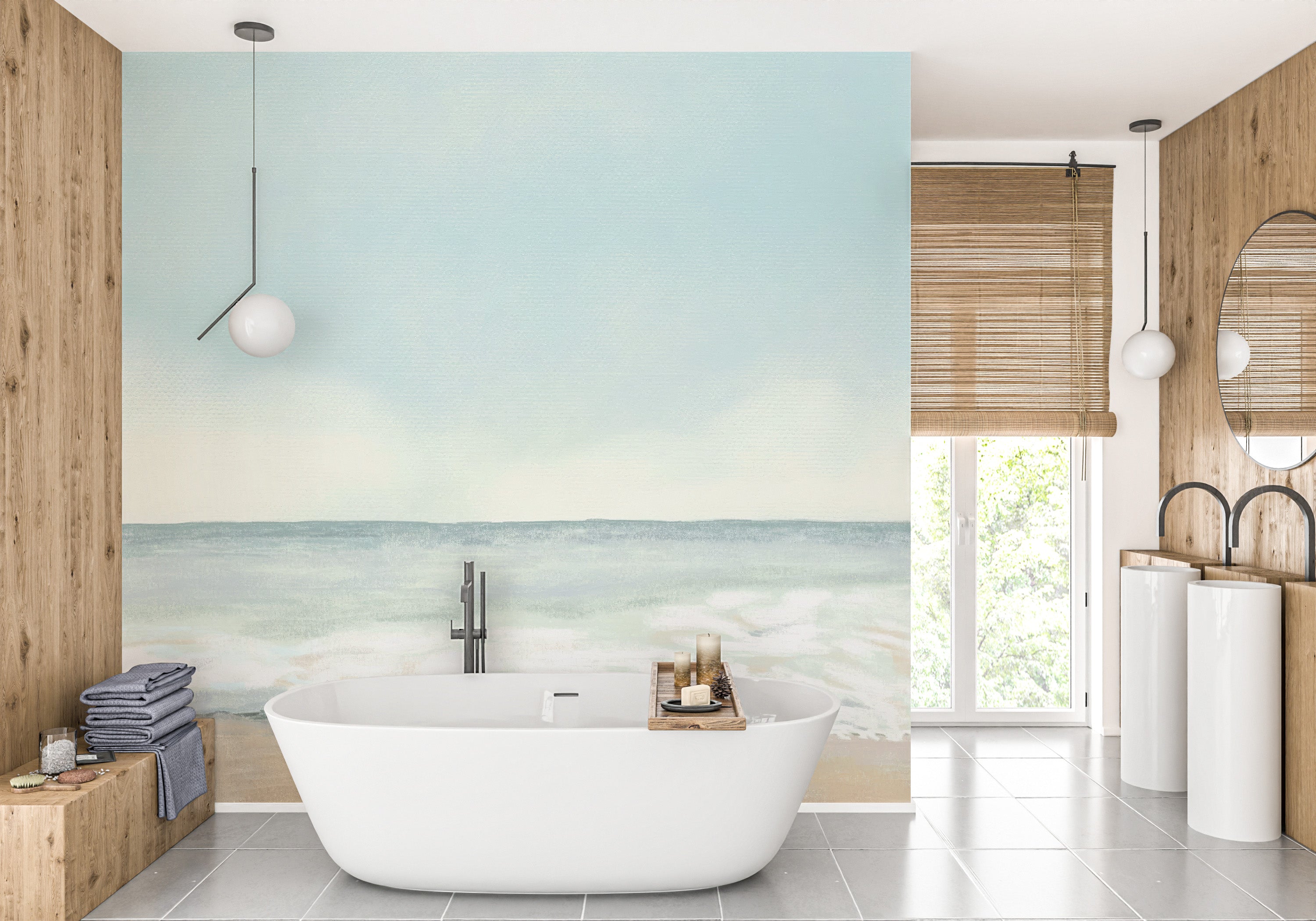 Artistic mural featuring a serene watercolor beach scene
