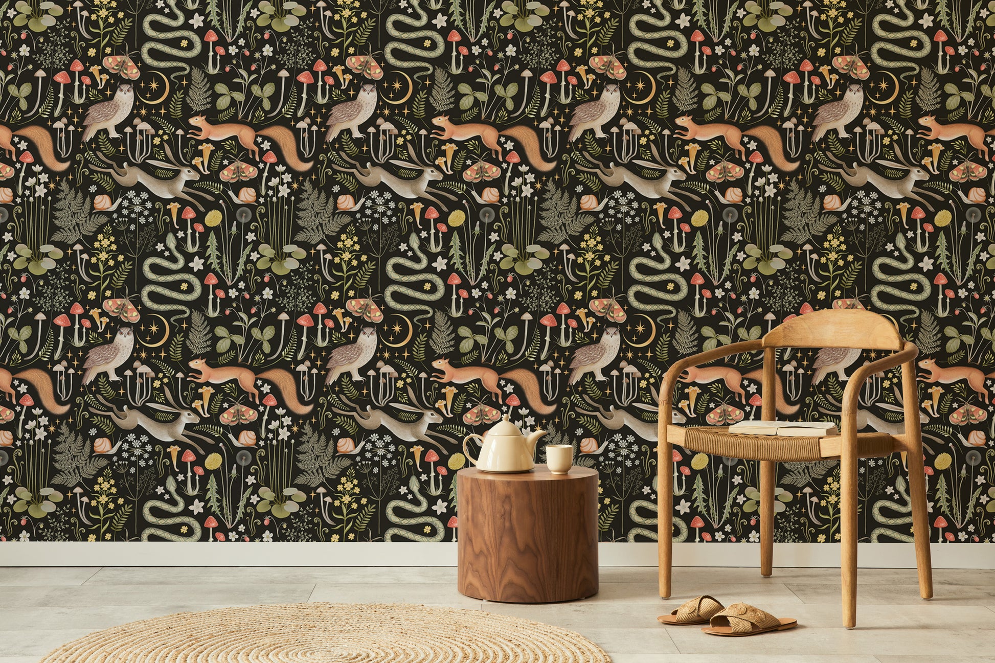 Seamless pattern wallpaper showcasing fairies in a forest