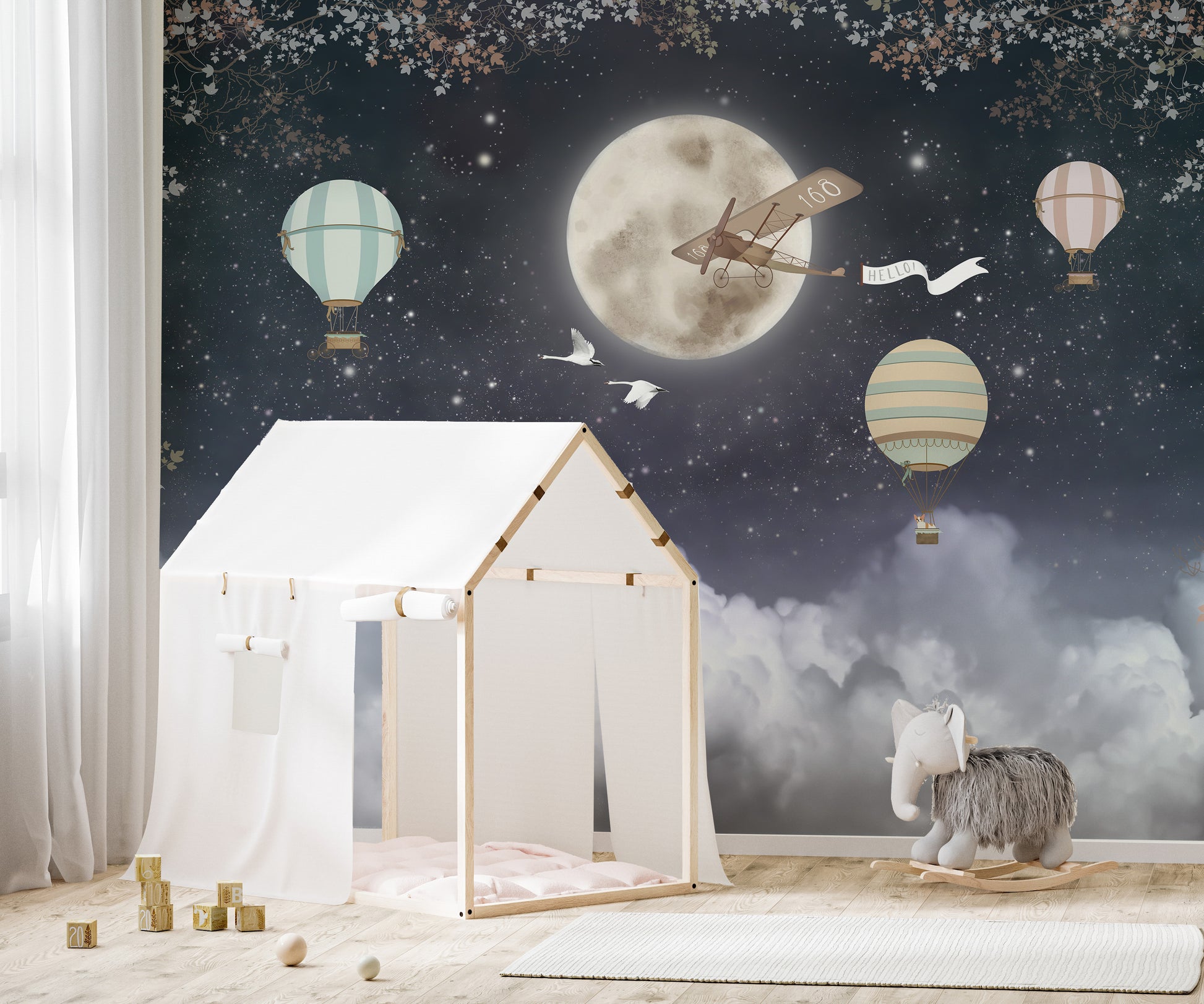 Kids wallpaper with a plane in a starry sky