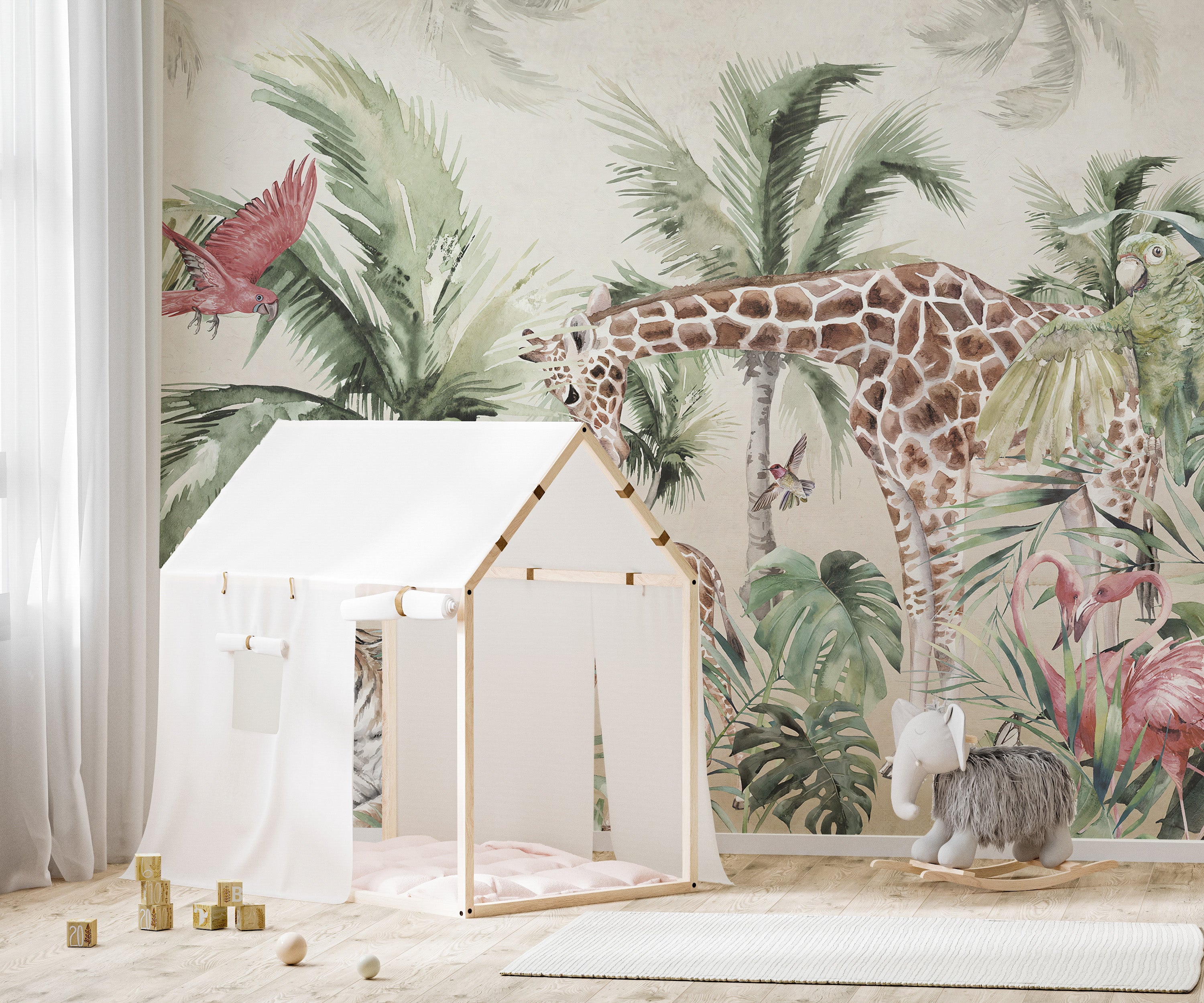 Giraffe and tiger wallpaper in a serene forest design