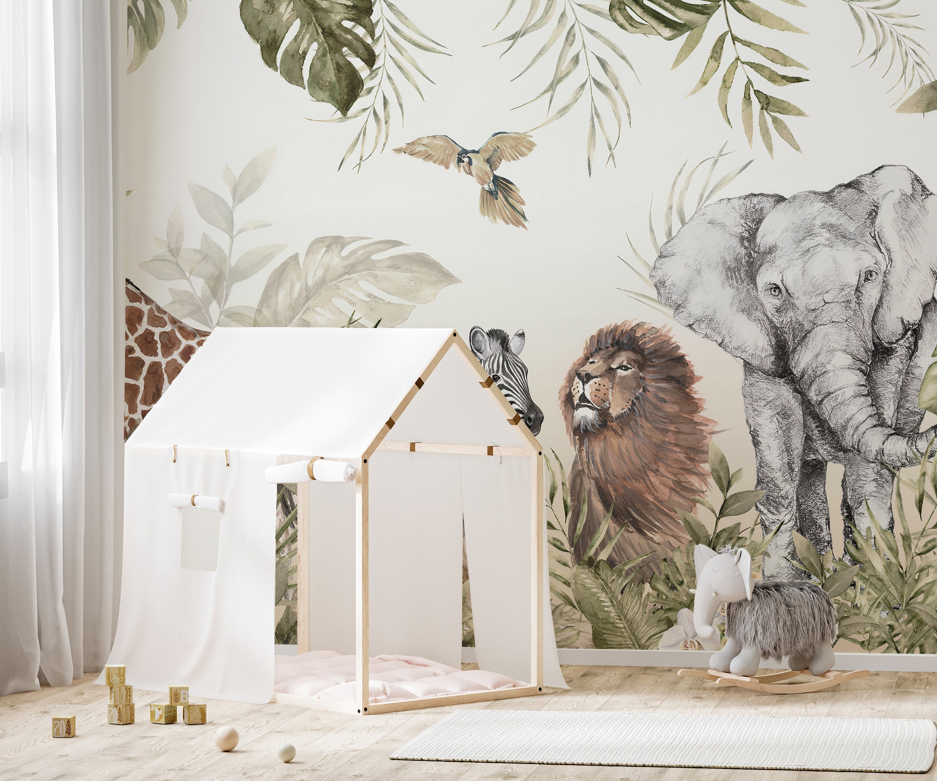 Kids room wallpaper with watercolor animals
