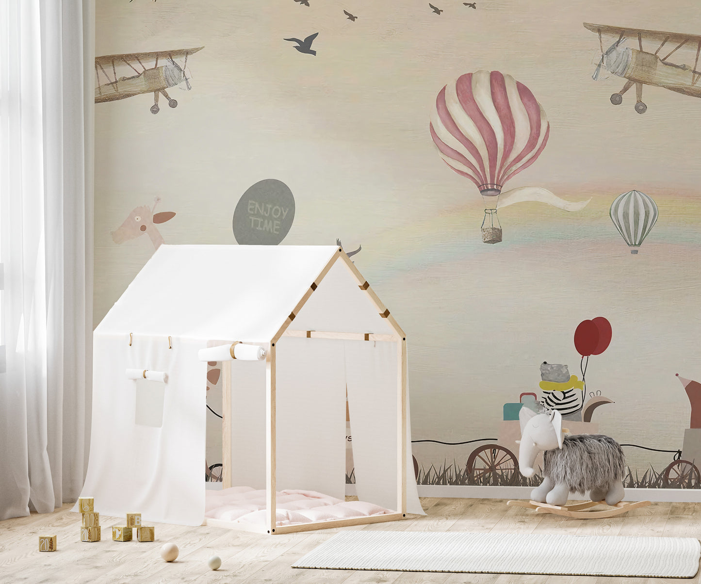 Pastel animal parade mural with hot air balloons.
