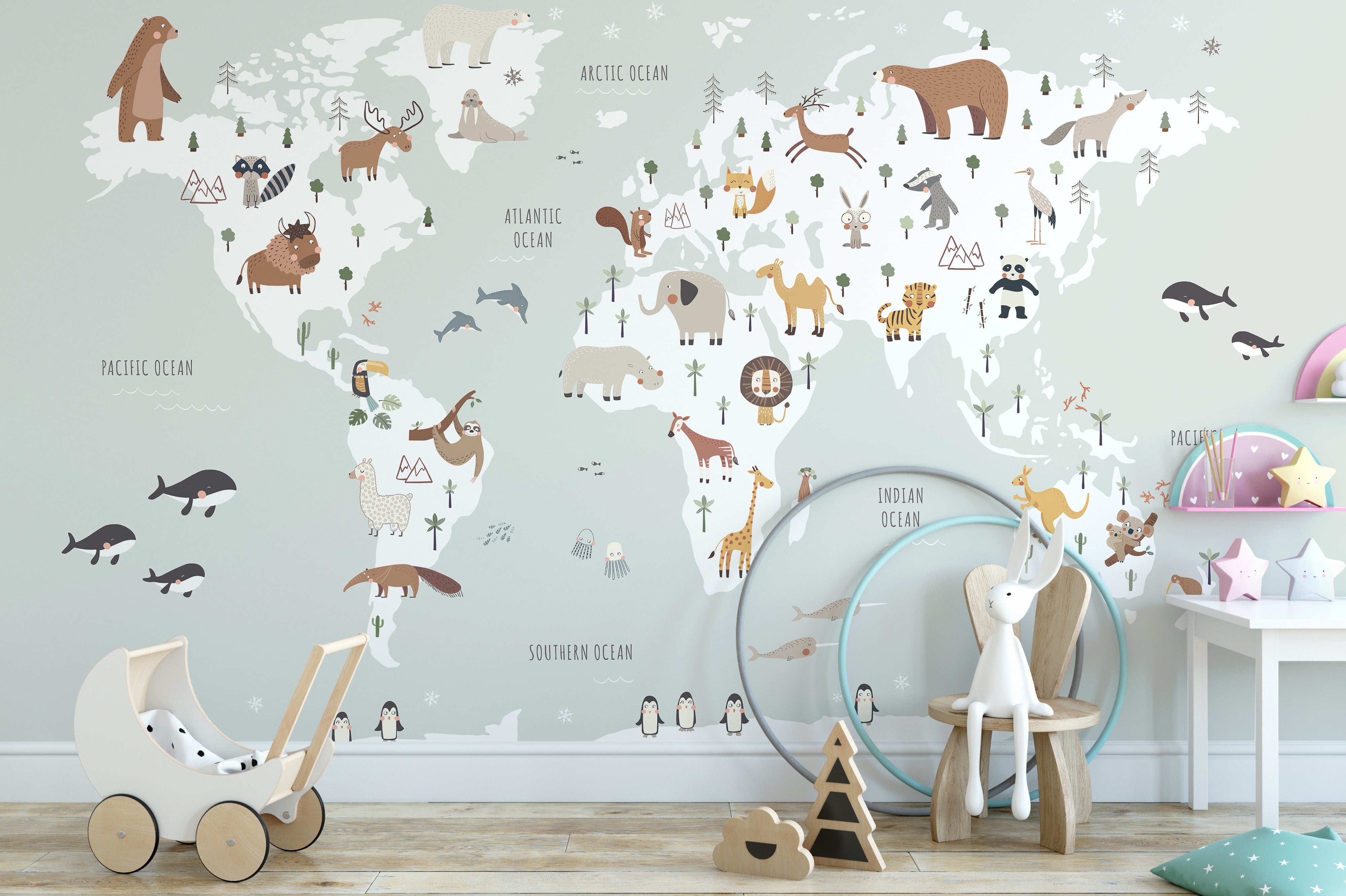 Oversized world map wallpaper with animals for kids' spaces