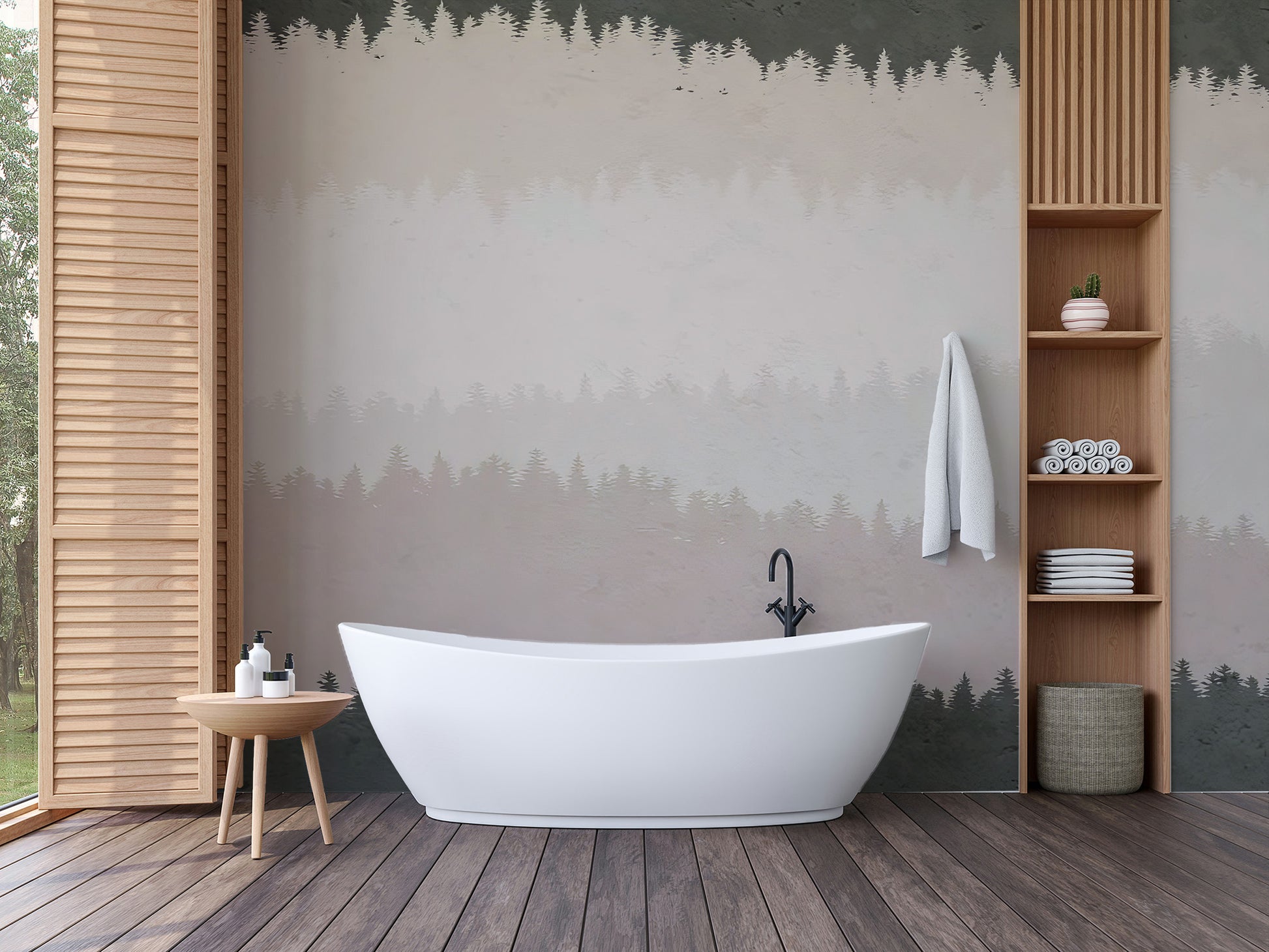 Tranquil forest mural with soft woodland color palette