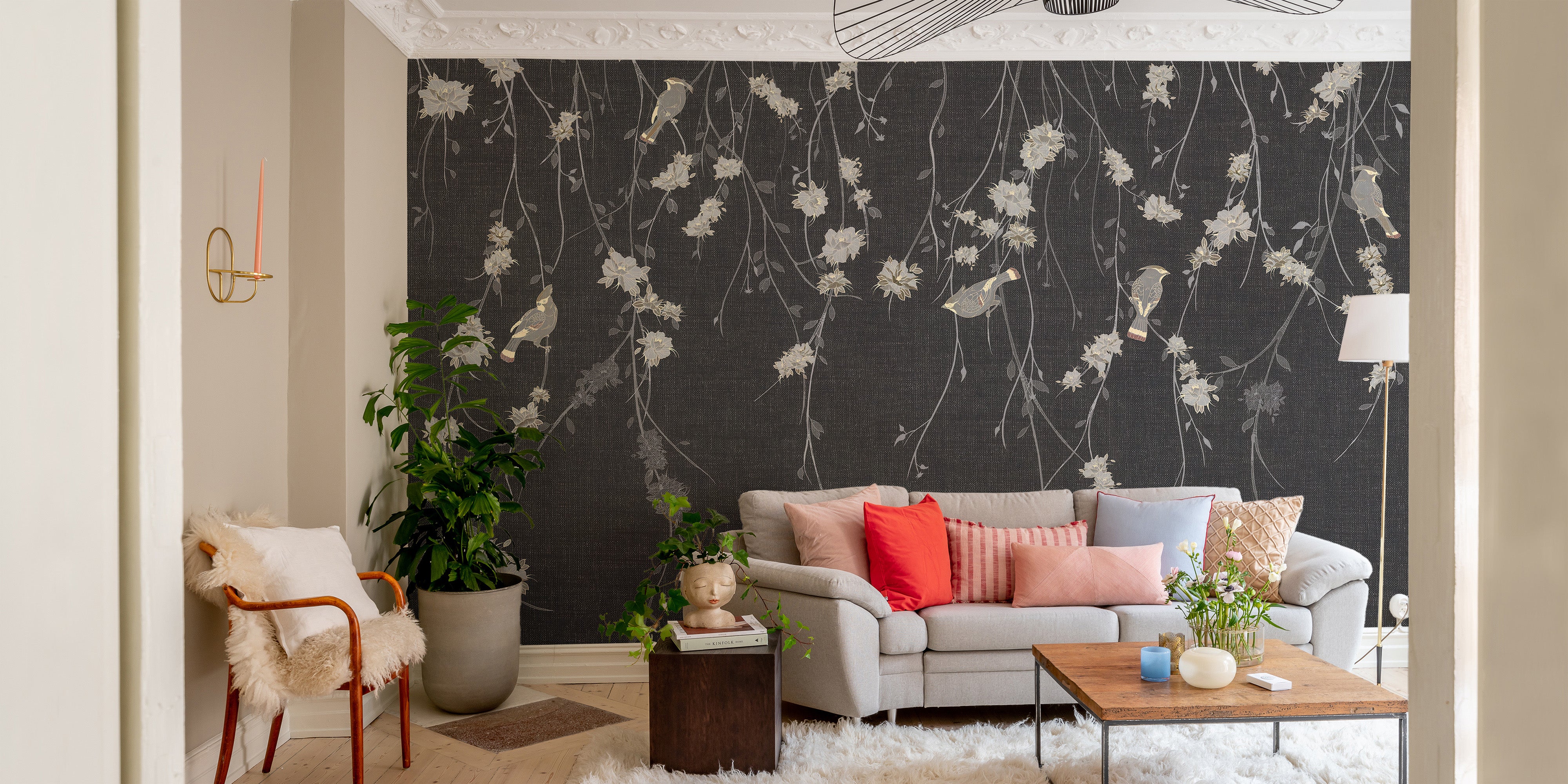 Dark Floral and Birds Mural