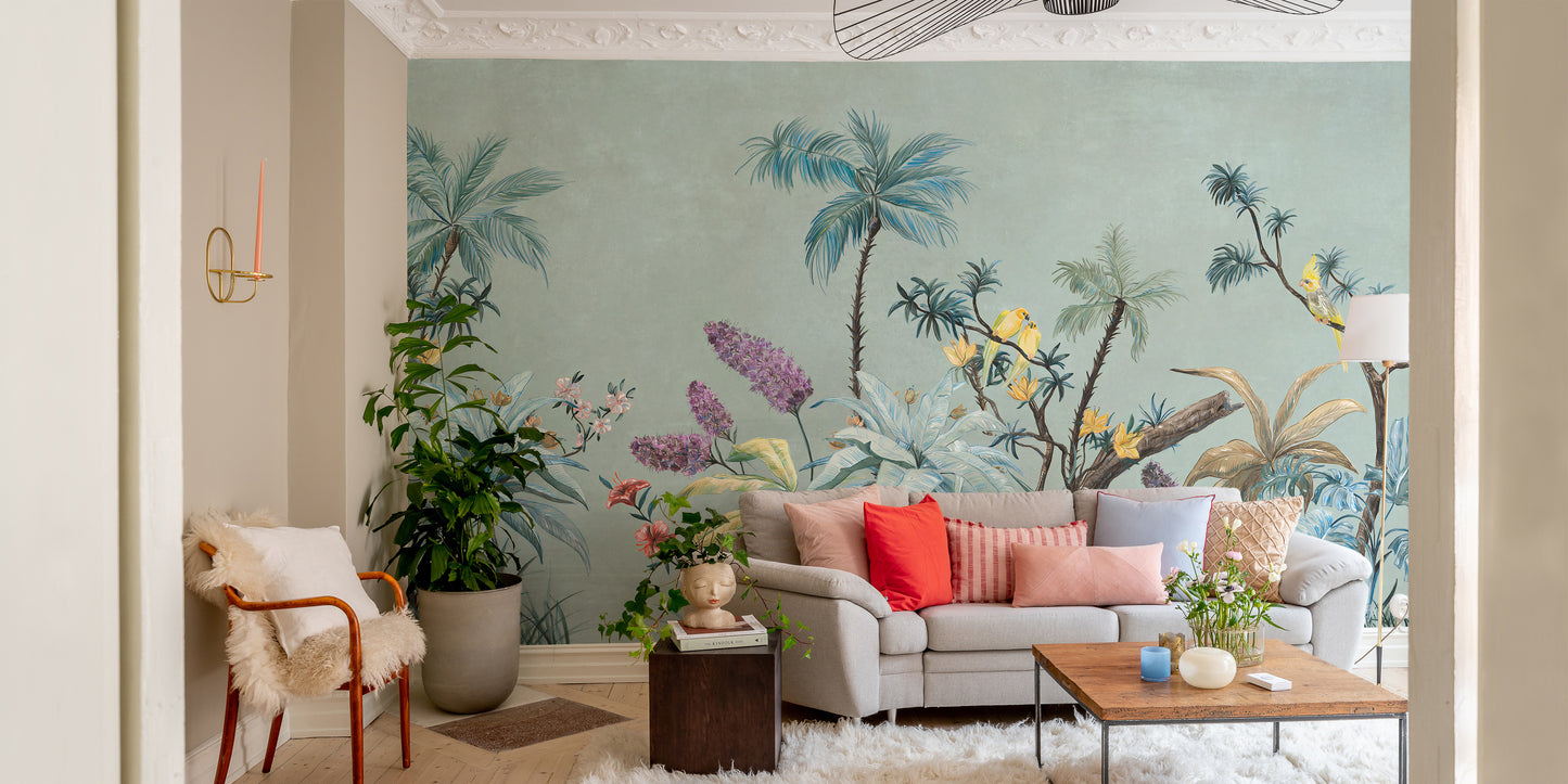 Green background boho mural