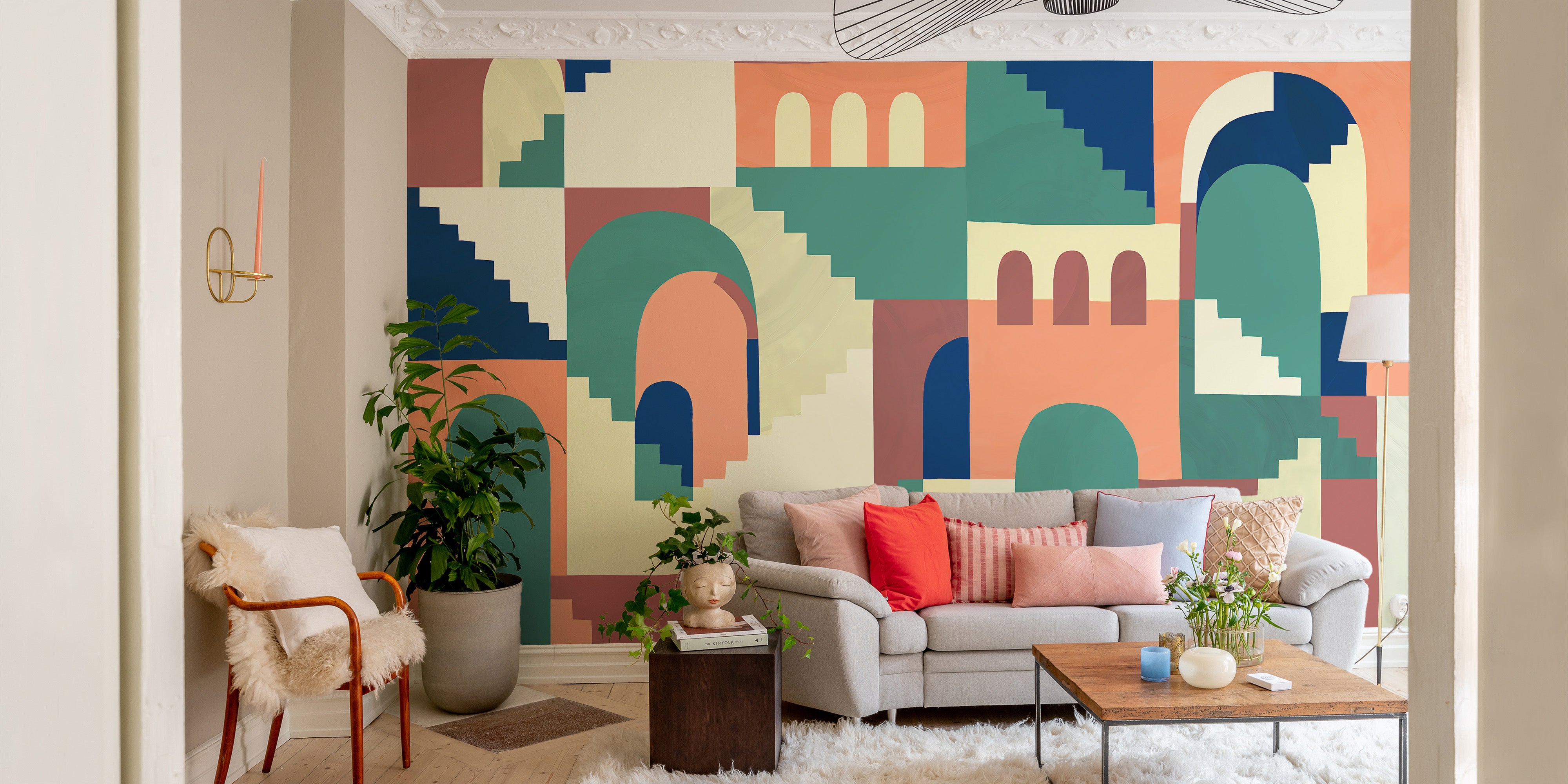 Whimsical multicolor maze mural