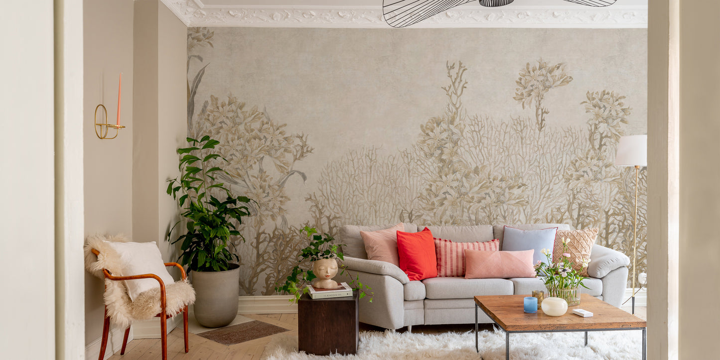 Monotone Sepia Flowers Shaded Wallpaper Mural for Walls